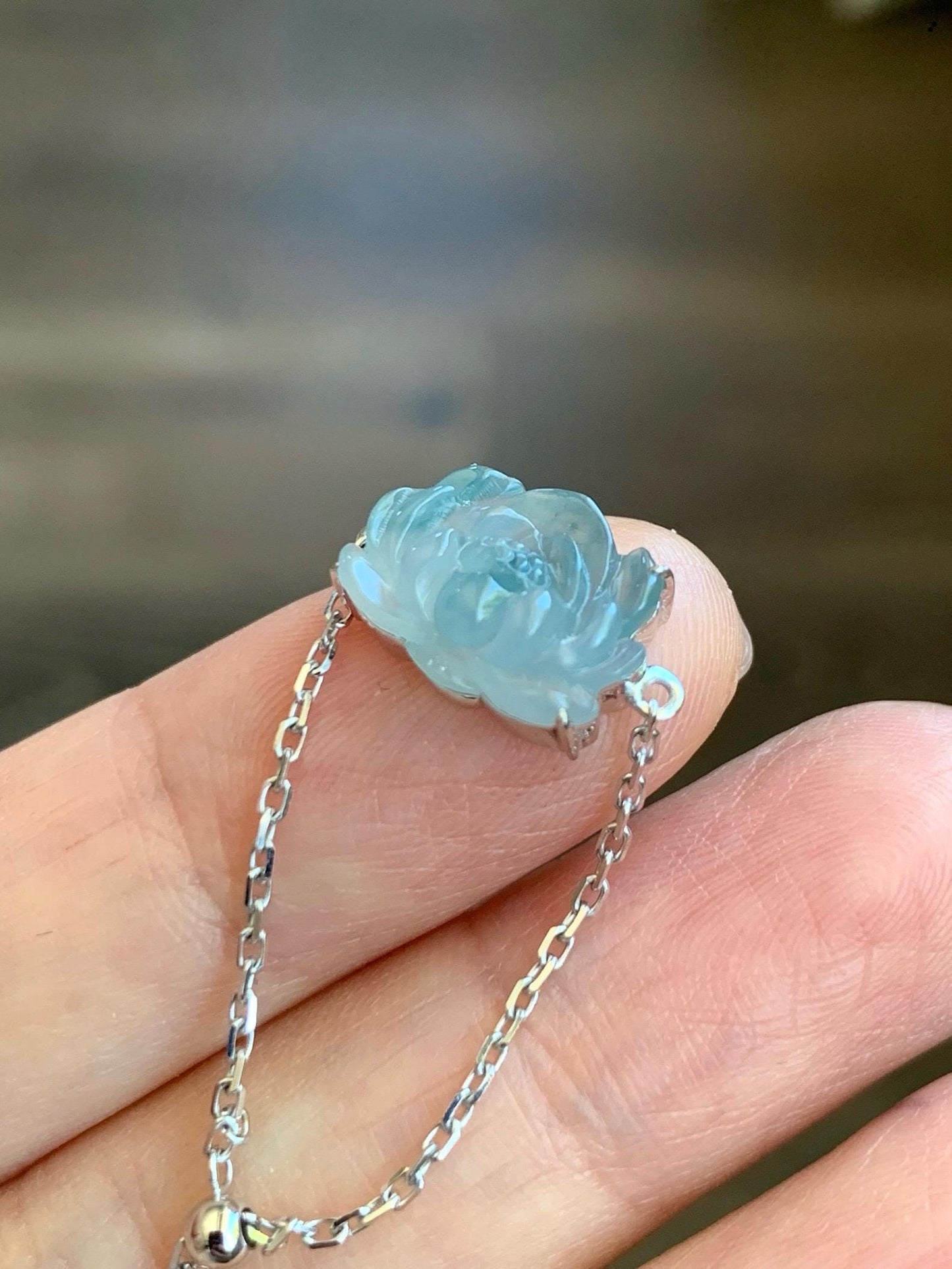 Certified Natural Burmese Icy Translucent Dark Blue Marbled Jadeite Lotus Flower Chain Ring 18K White Gold Adjustable 天然缅甸冰胶牛仔蓝飘花翡翠莲花镶嵌戒指
