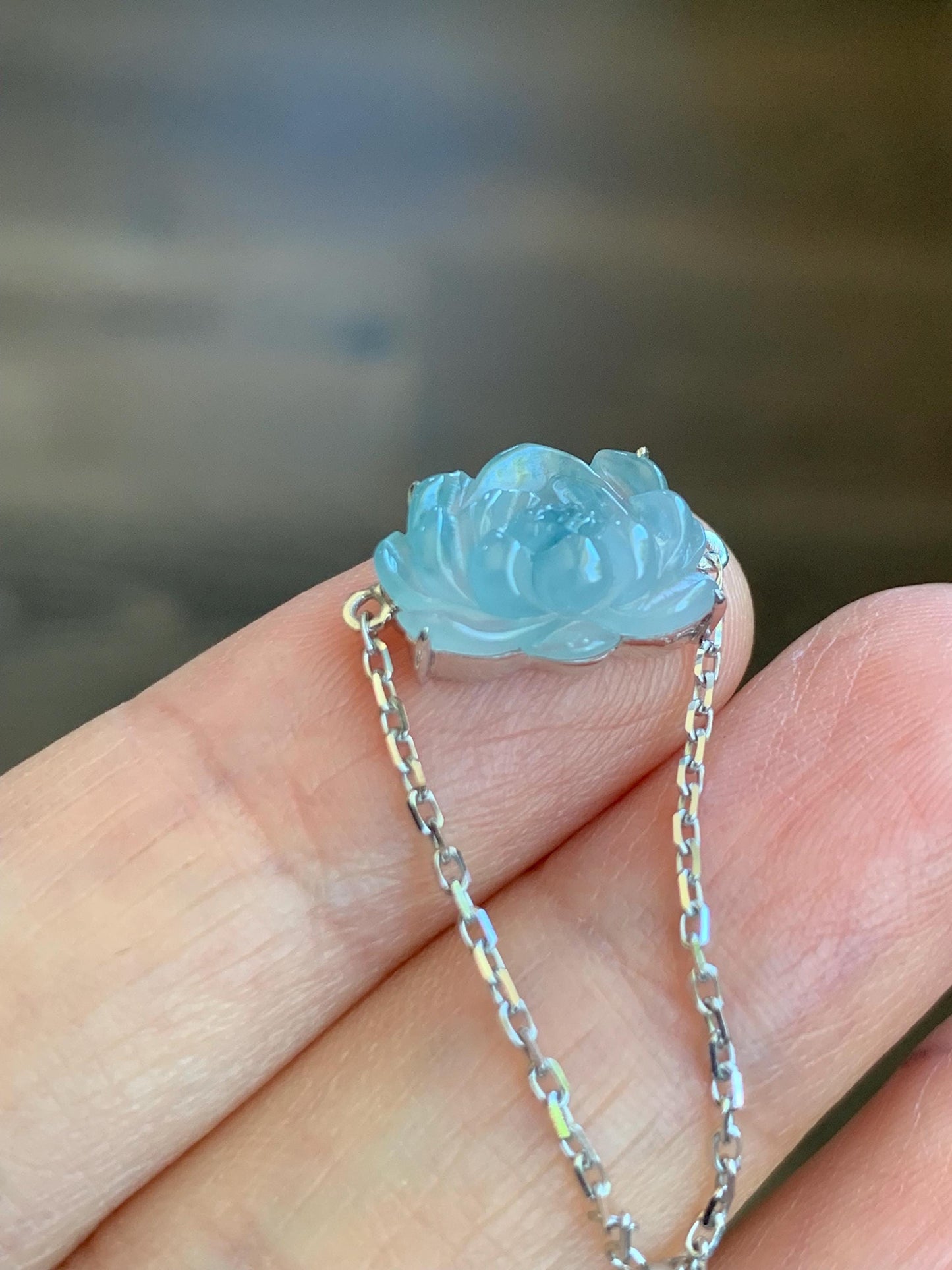 Certified Natural Burmese Icy Translucent Dark Blue Marbled Jadeite Lotus Flower Chain Ring 18K White Gold Adjustable 天然缅甸冰胶牛仔蓝飘花翡翠莲花镶嵌戒指