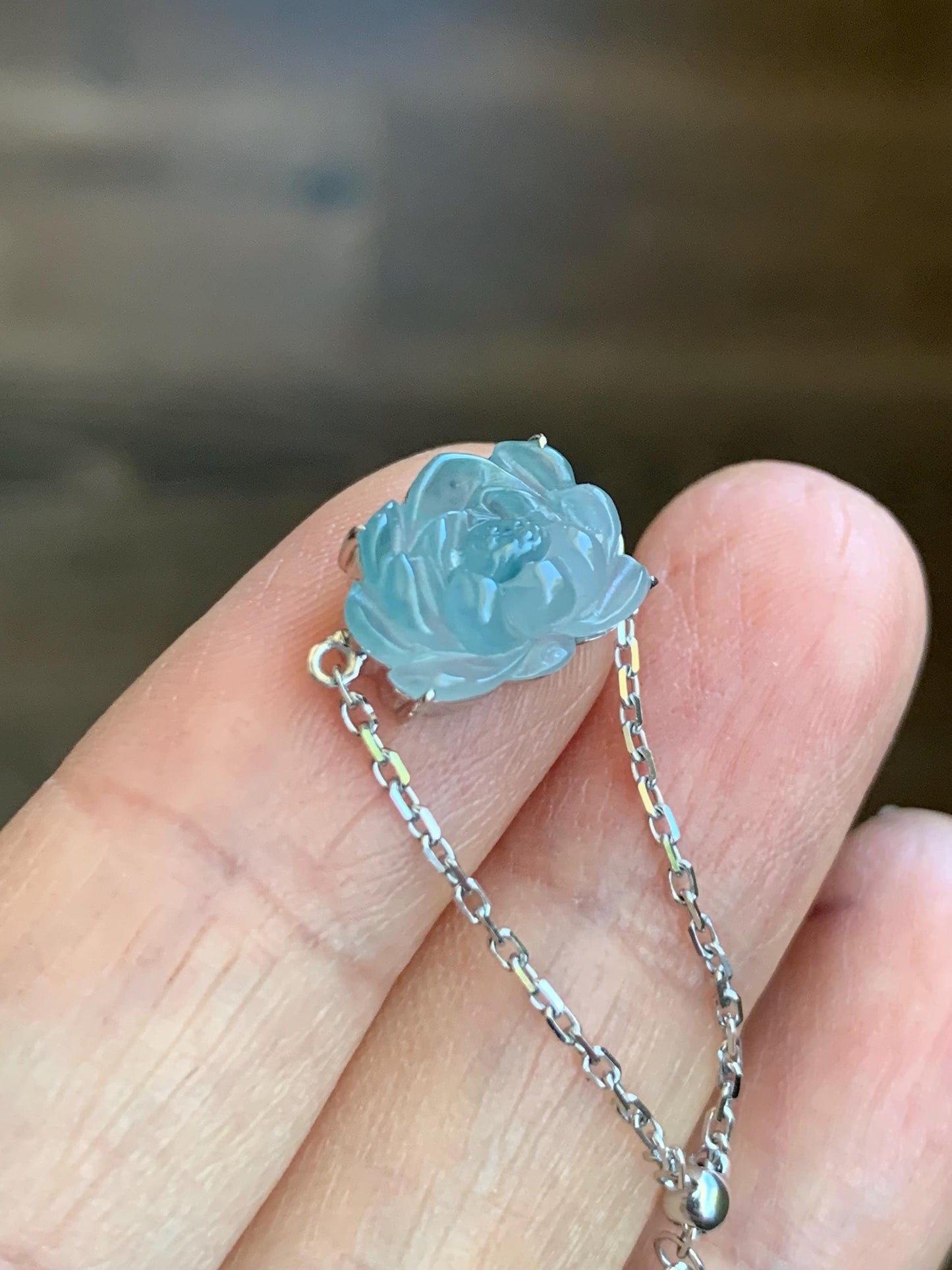 Certified Natural Burmese Icy Translucent Dark Blue Marbled Jadeite Lotus Flower Chain Ring 18K White Gold Adjustable 天然缅甸冰胶牛仔蓝飘花翡翠莲花镶嵌戒指