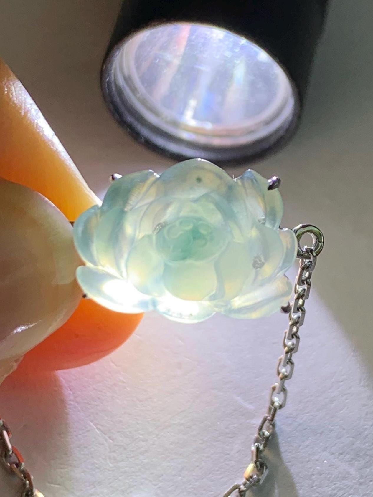 Certified Natural Burmese Icy Translucent Dark Blue Marbled Jadeite Lotus Flower Chain Ring 18K White Gold Adjustable 天然缅甸冰胶牛仔蓝飘花翡翠莲花镶嵌戒指
