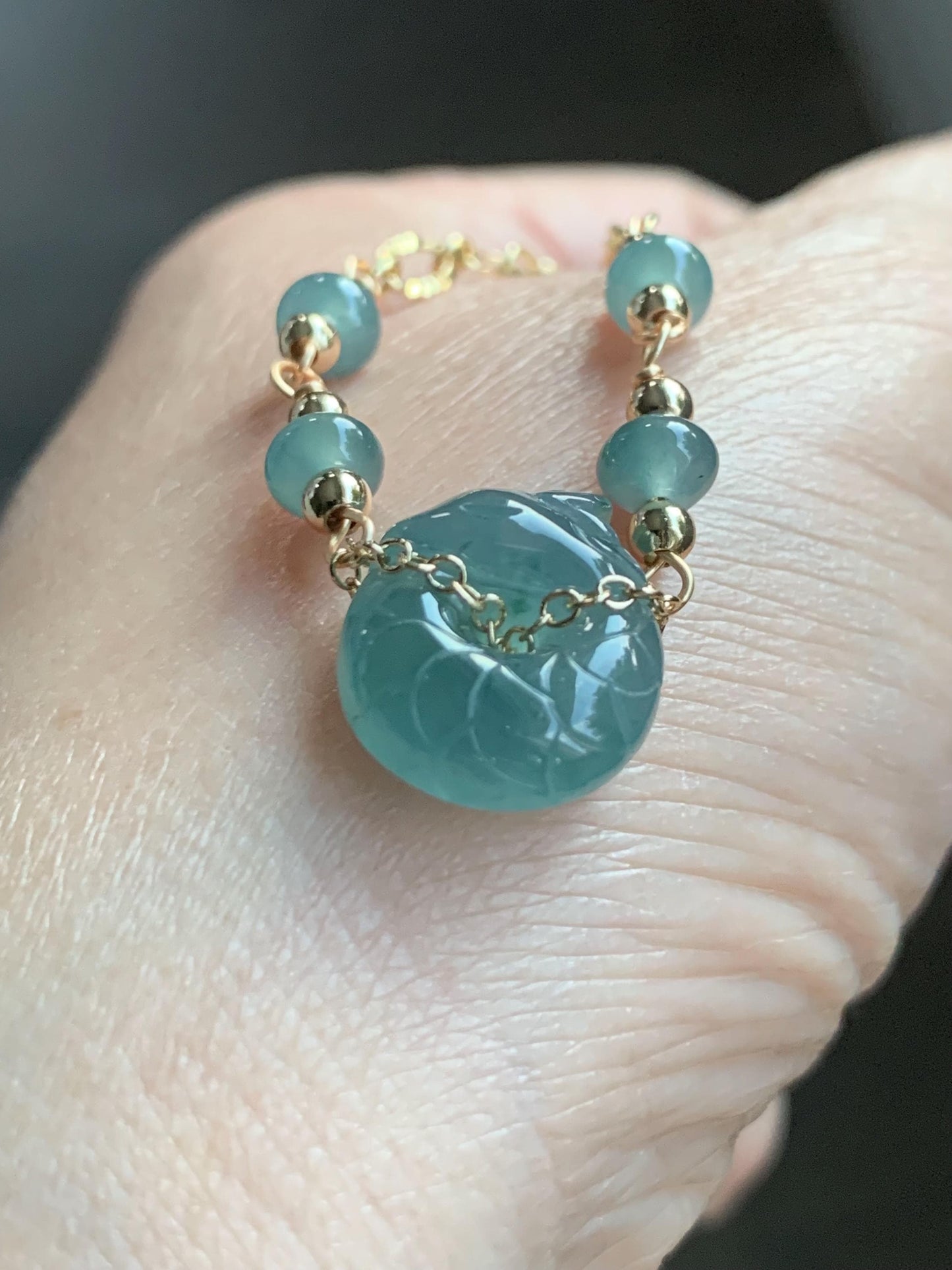 Natural Guatemalan Icy Translucent Teal Blue Jadeite Baby Dragon Ping An Kou Donut Bracelet 14K Gold Plated adjustable 天然冰危蓝翡翠龙宝宝平安扣14K包金手链