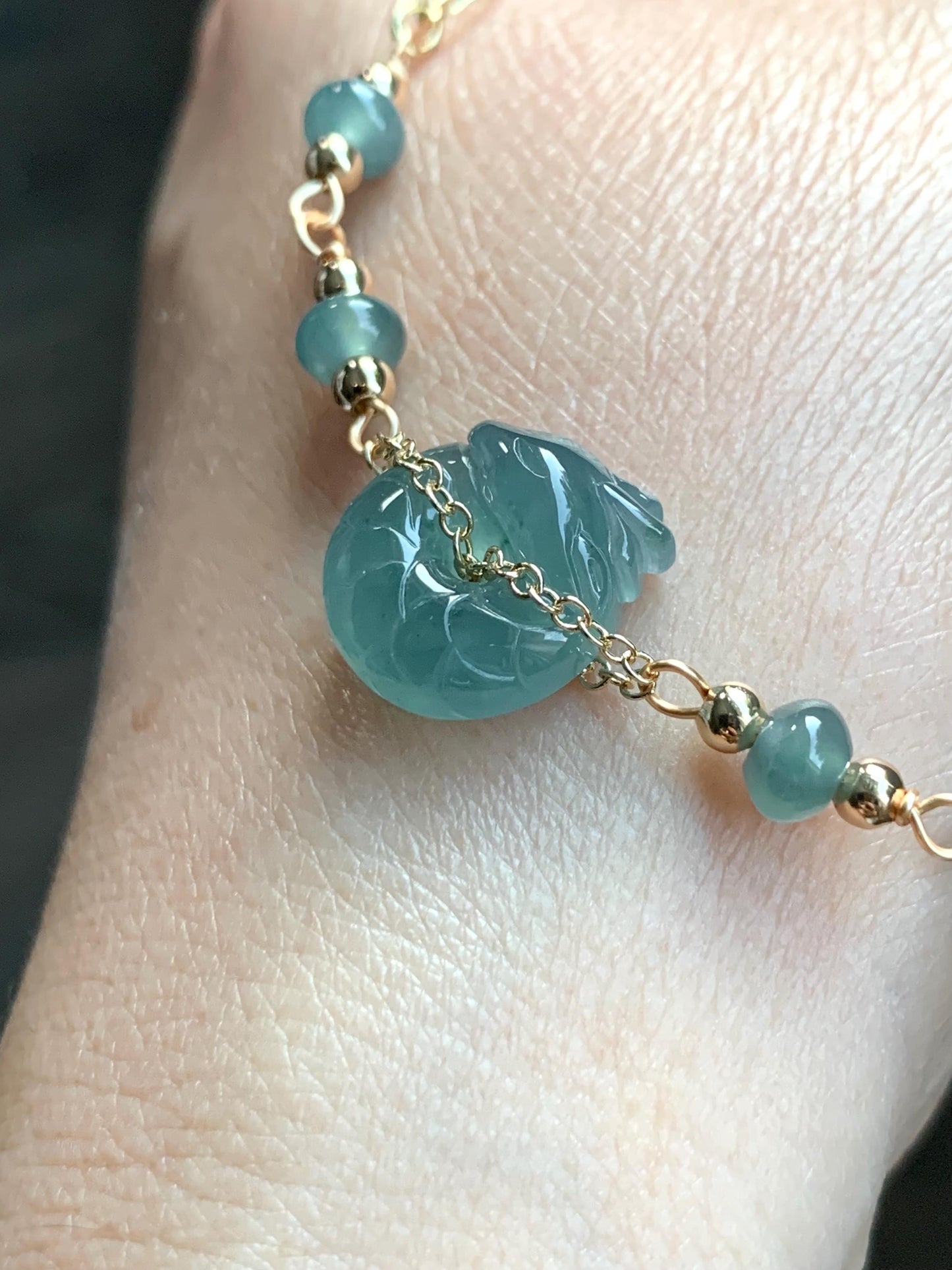 Natural Guatemalan Icy Translucent Teal Blue Jadeite Baby Dragon Ping An Kou Donut Bracelet 14K Gold Plated adjustable 天然冰危蓝翡翠龙宝宝平安扣14K包金手链