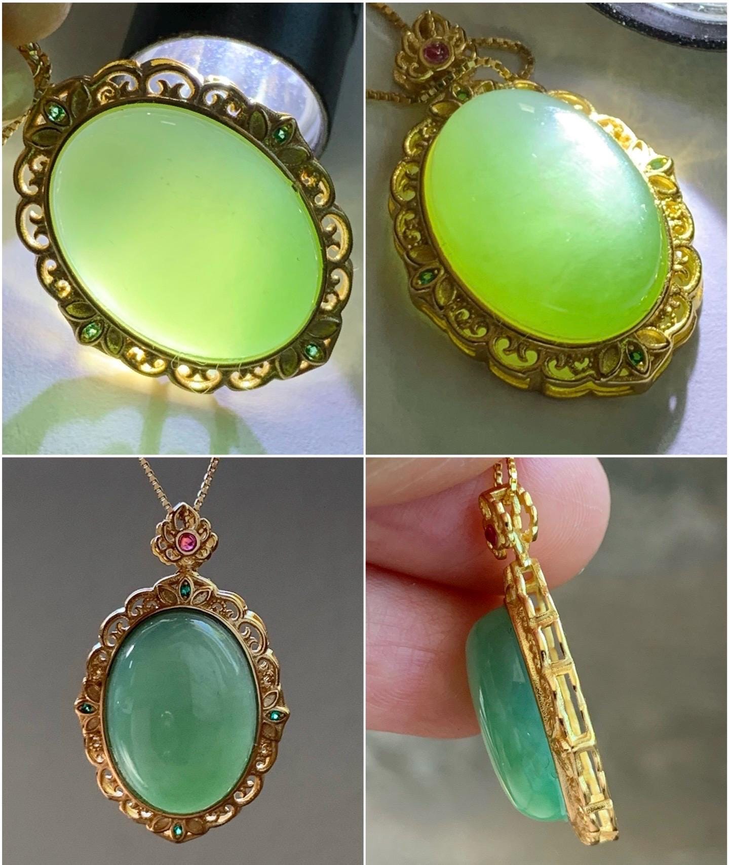 Natural Dark Spinach Green Nephrite Hetian Jade Oval Cabochon Pendant S925 Sterling Silver Yellow Gold Overlay 4g 天然和田玉碧玉吊坠银镶 B
