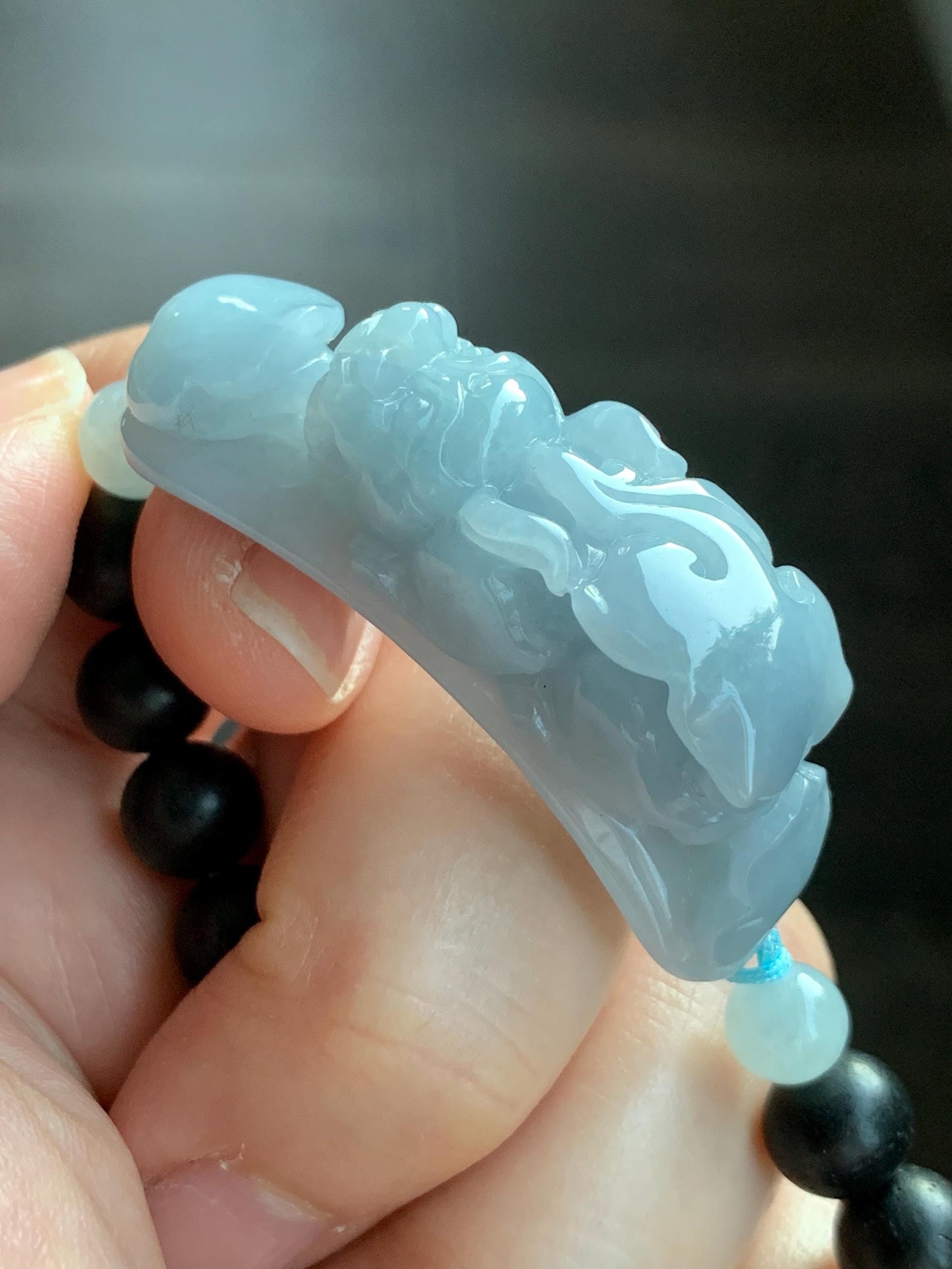 Natural Guatemalan Icy Translucent Light Blue Jadeite Carved Pixiu Ruyi Natural Wood Beads Beaded Bracelet 6.5” 25g 天然冰危淡蓝紫翡翠貔貅如意沉香木珠手串