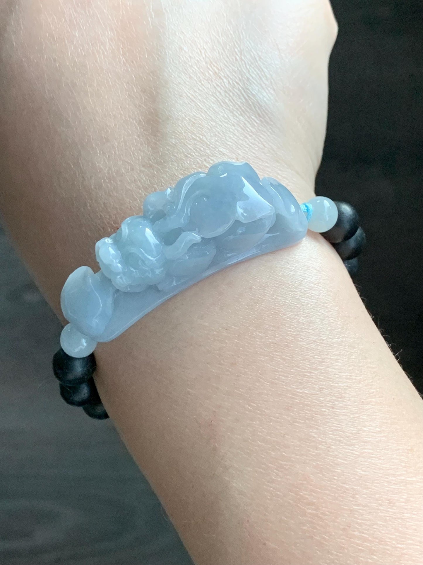 Natural Guatemalan Icy Translucent Light Blue Jadeite Carved Pixiu Ruyi Natural Wood Beads Beaded Bracelet 6.5” 25g 天然冰危淡蓝紫翡翠貔貅如意沉香木珠手串