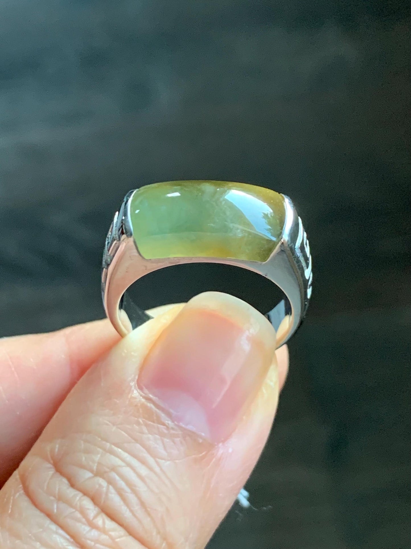 Certified Natural Guatemalan Dark Teal Blue & Yellow Marbled Jadeite Saddle Band Ring Size 7.25 Sterling Silver 8.48g 天然冰胶危蓝加黄翡翠马鞍银镶戒指 1462