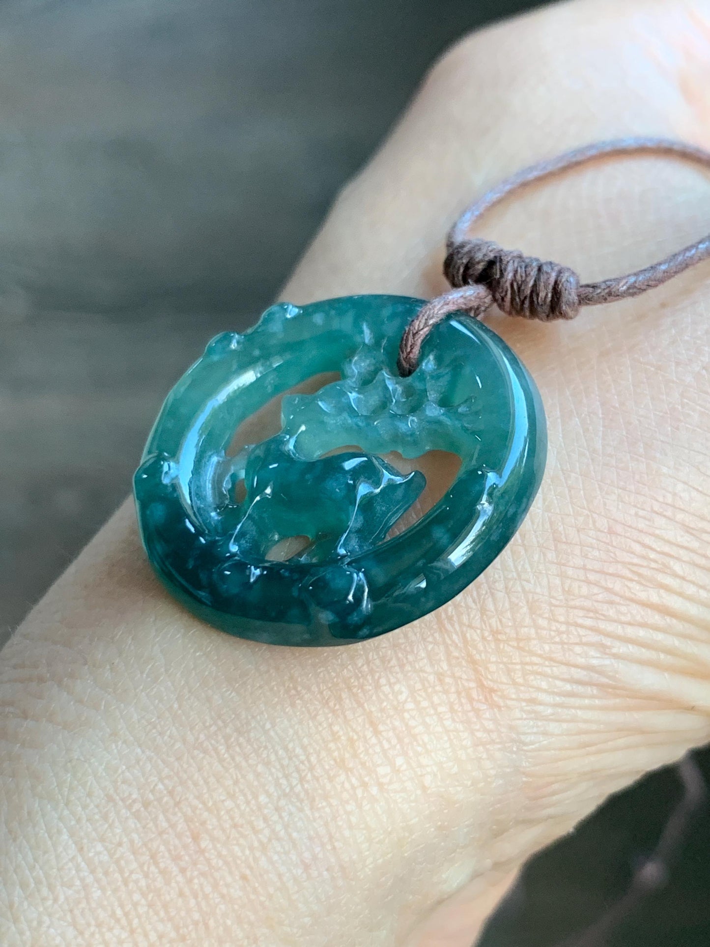 Natural Guatemalan Icy Highly Translucent Dark Teal Blue Jadeite Engraved Deer Pendant Rope Necklace Adjustable 25” 5g 天然危深蓝水飘花翡翠梅花鹿吊坠