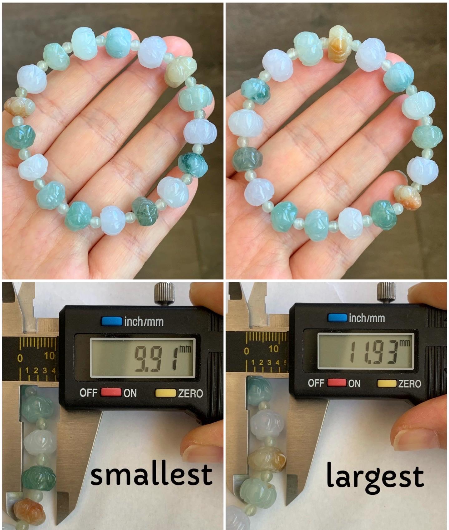 Natural Burmese Icy Translucent Gelatinous Multicolored Jadeite Carved Lotus Flower Beads Beaded Bracelet 7” 25g 天然缅甸冰胶多宝翡翠莲花珠手串 LHZDW