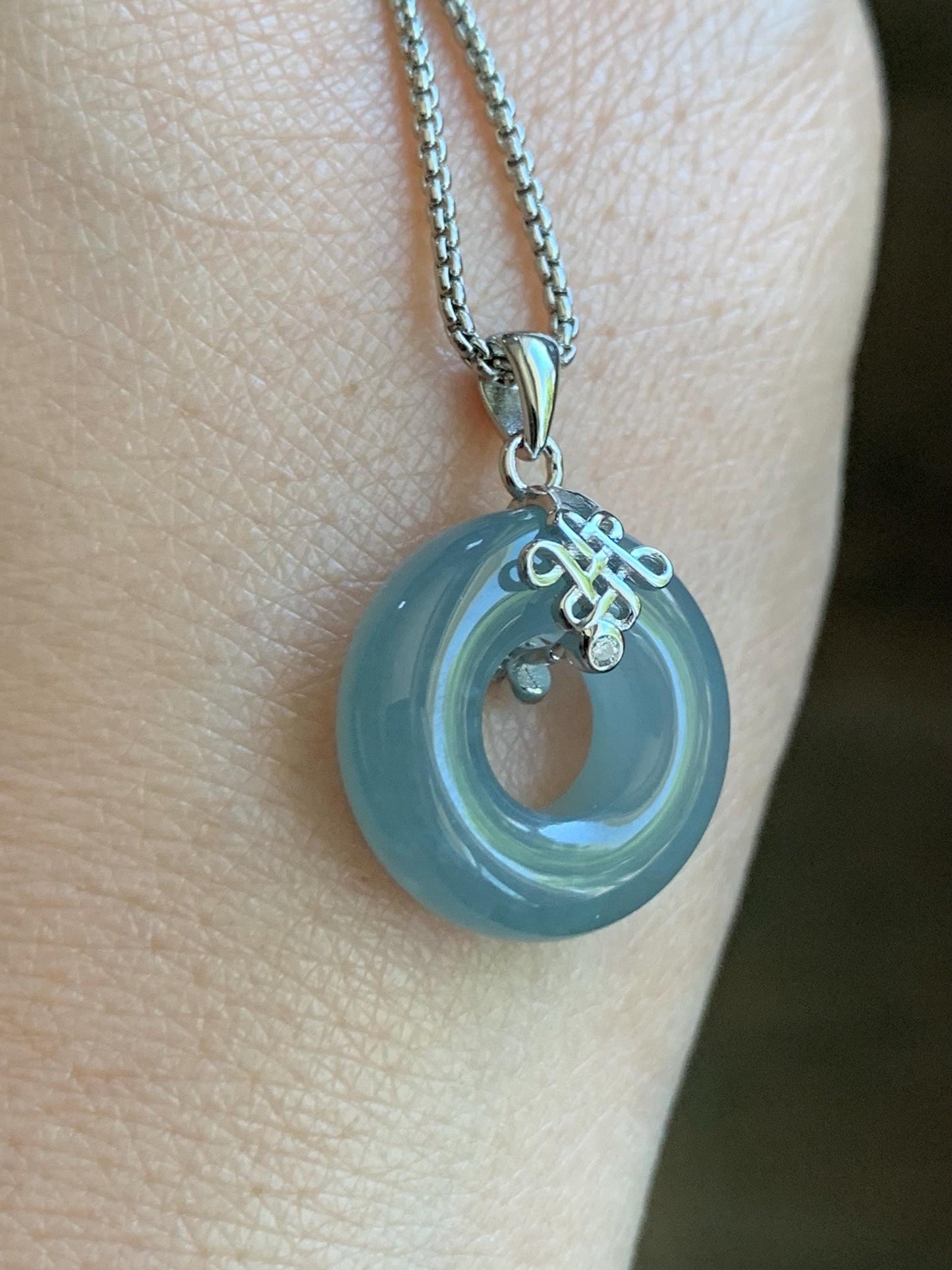 Natural Guatemalan Icy Translucent Gelatinous Light Dusty Blue Jadeite Ping An Kou Donut Pendant Silver Sterling 天然老种冰危淡蓝翡翠甜甜圈吊坠 TTQB27