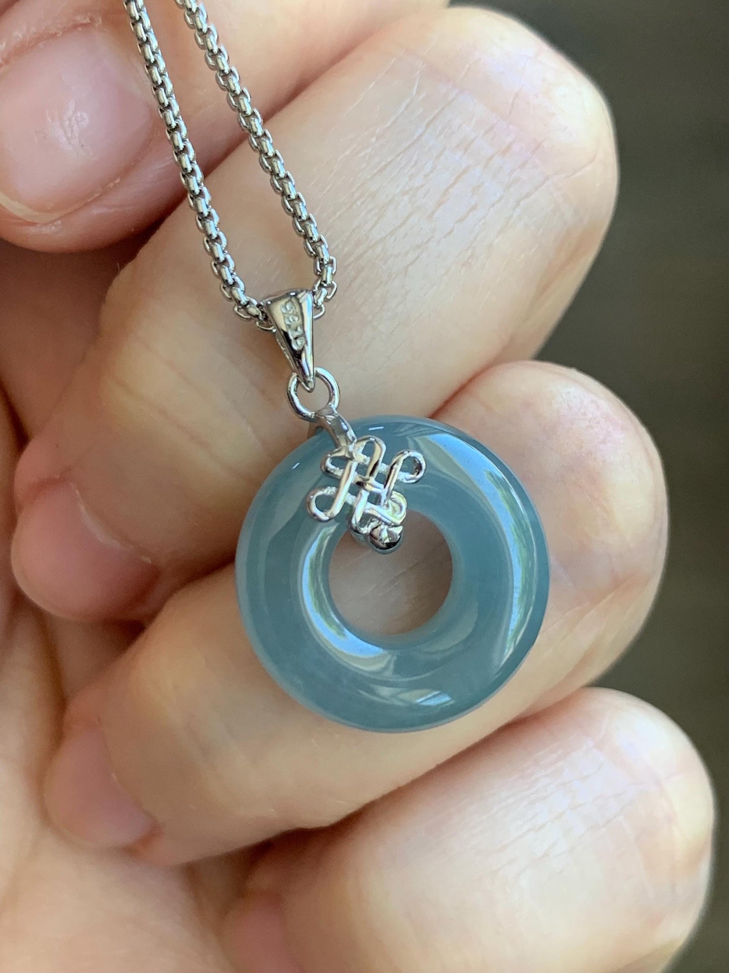 Natural Guatemalan Icy Translucent Gelatinous Light Dusty Blue Jadeite Ping An Kou Donut Pendant Silver Sterling 天然老种冰危淡蓝翡翠甜甜圈吊坠 TTQB27