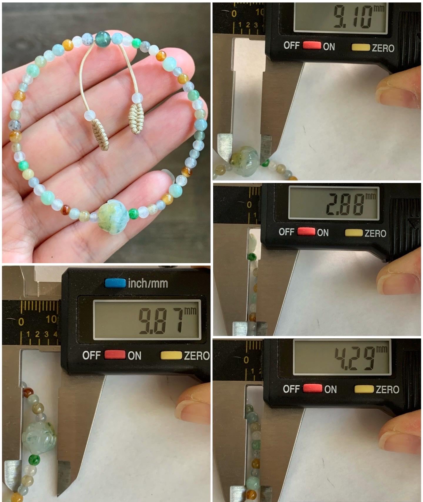 Natural Burmese Icy Translucent Multicolored Jadeite Petite Beads Carved Lotus Flower Bead Beaded Bracelet 6.75”-8.75” 天然缅甸冰透多宝翡翠小珠三色莲花珠手串