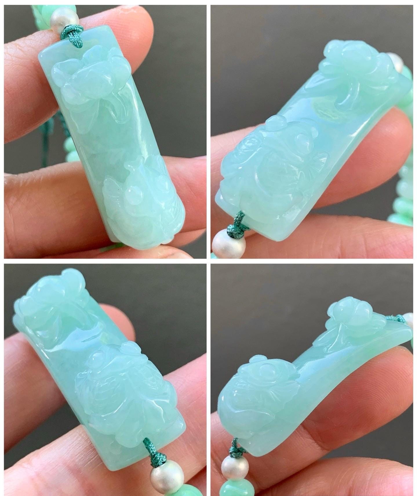 Natural Burmese Translucent Light Apple Green Jadeite Lotus Flower & Fish Cuff Jadeite Drum Beads Beaded Bracelet 6.75” 天然缅甸淡果绿翡翠荷花鱼手牌手串
