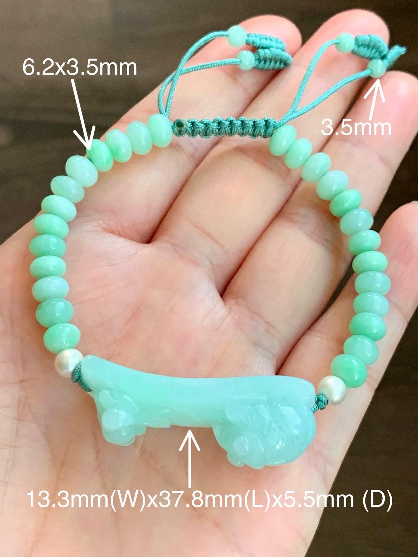 Natural Burmese Translucent Light Apple Green Jadeite Lotus Flower & Fish Cuff Jadeite Drum Beads Beaded Bracelet 6.75” 天然缅甸淡果绿翡翠荷花鱼手牌手串