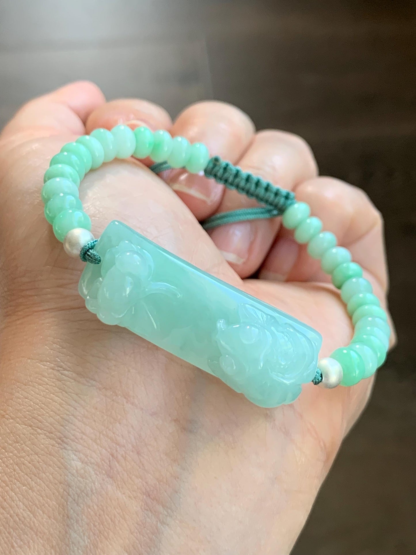 Natural Burmese Translucent Light Apple Green Jadeite Lotus Flower & Fish Cuff Jadeite Drum Beads Beaded Bracelet 6.75” 天然缅甸淡果绿翡翠荷花鱼手牌手串