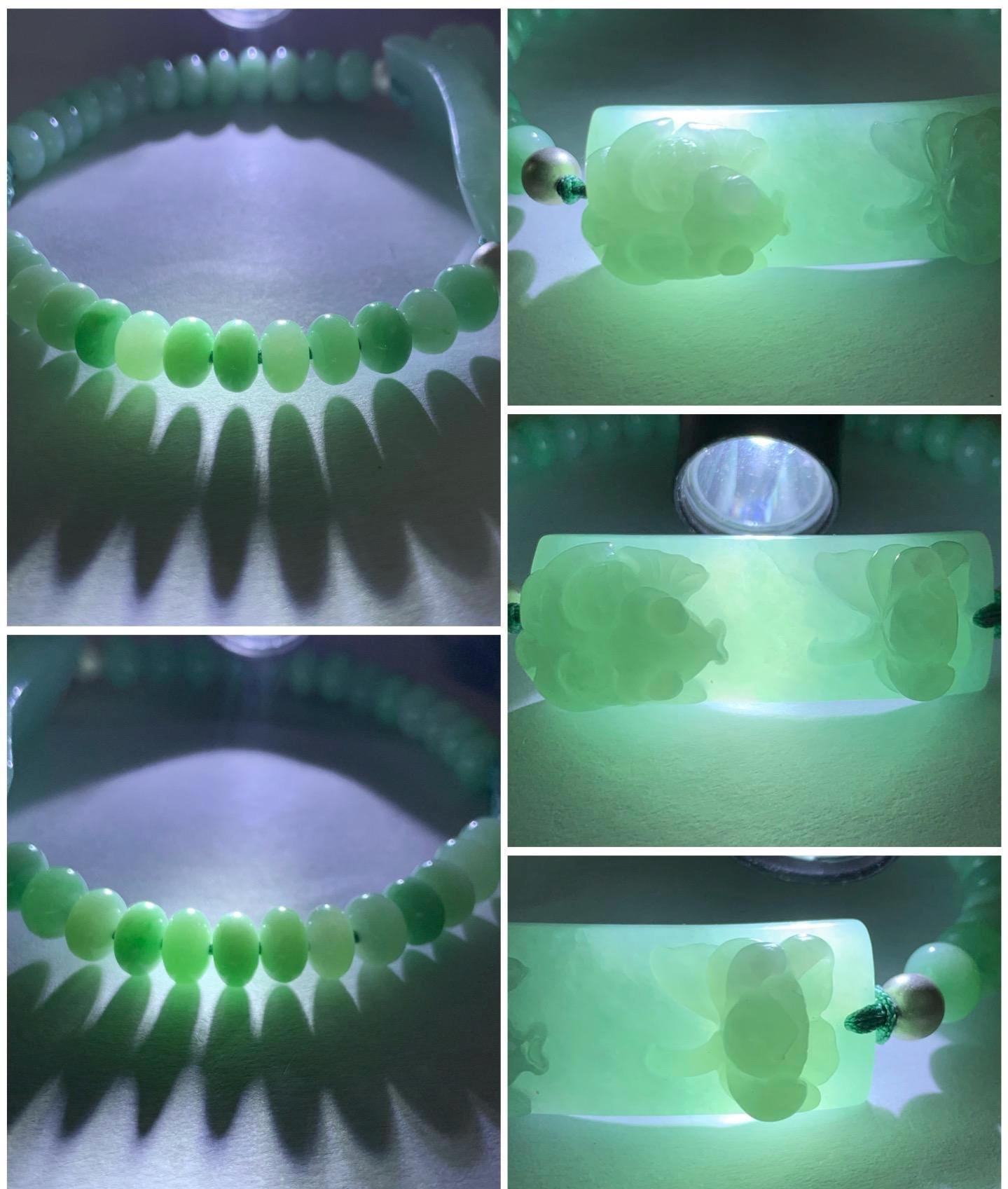 Natural Burmese Translucent Light Apple Green Jadeite Lotus Flower & Fish Cuff Jadeite Drum Beads Beaded Bracelet 6.75” 天然缅甸淡果绿翡翠荷花鱼手牌手串