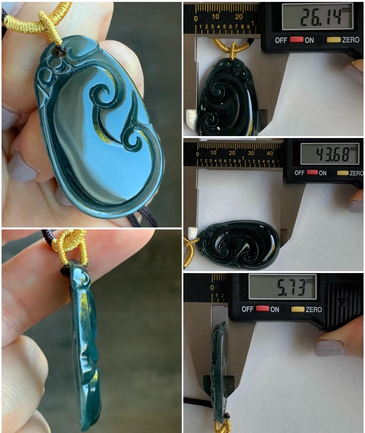 Large Natural Guatemalan Icy Translucent Dark Teal Blue Jadeite Carved Ruyi Pendant Rope Necklace 28" Adjustable 15g 天然冰危湖水蓝翡翠如意吊坠 JSH