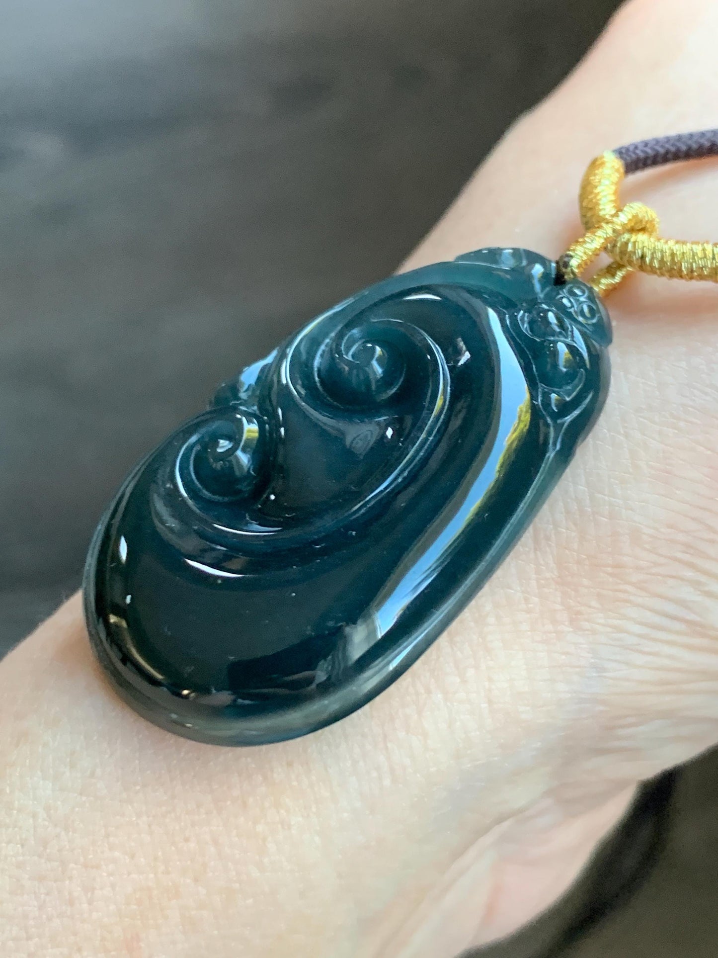 Large Natural Guatemalan Icy Translucent Dark Teal Blue Jadeite Carved Ruyi Pendant Rope Necklace 28" Adjustable 15g 天然冰危湖水蓝翡翠如意吊坠 JSH