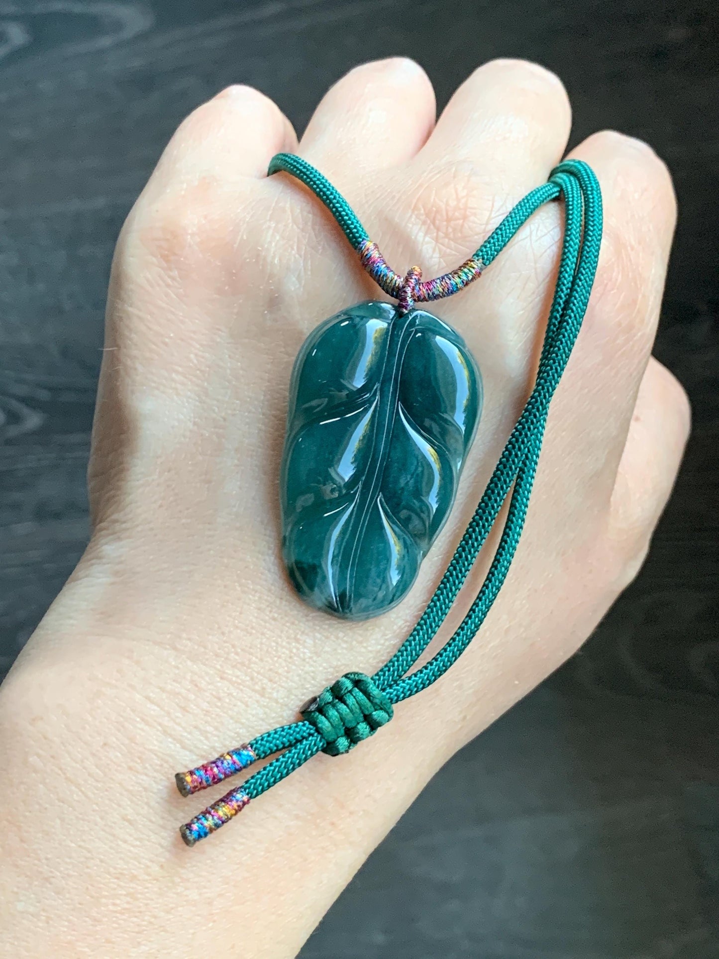 Natural Guatemalan Grade A Icy Translucent Dark Teal Green Jadeite Carved Leaf Pendant Rope Necklace 28” 12g Adjustable 天然冰危深湖水绿翡翠大叶有成吊坠 XY