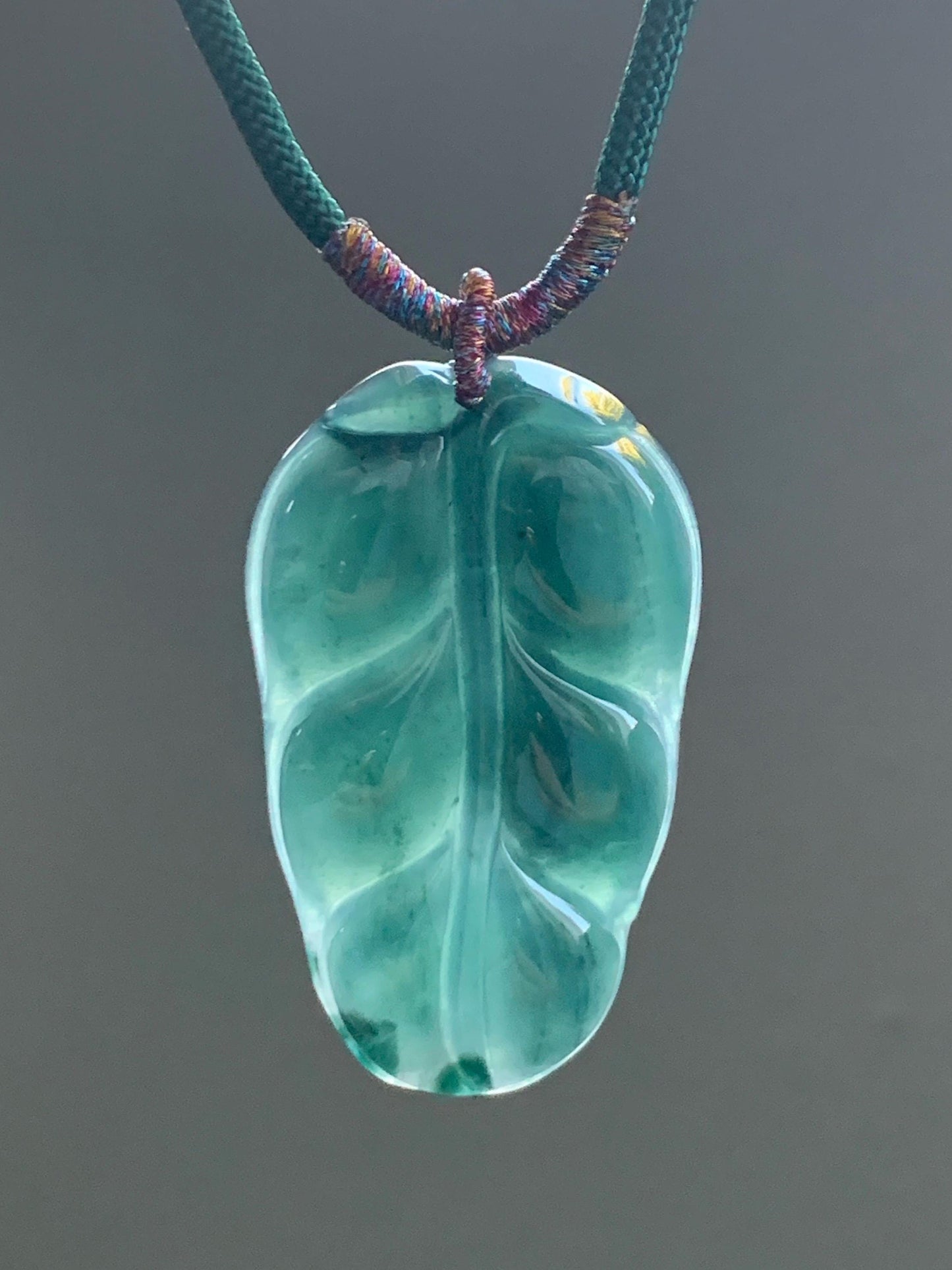 Natural Guatemalan Grade A Icy Translucent Dark Teal Green Jadeite Carved Leaf Pendant Rope Necklace 28” 12g Adjustable 天然冰危深湖水绿翡翠大叶有成吊坠 XY