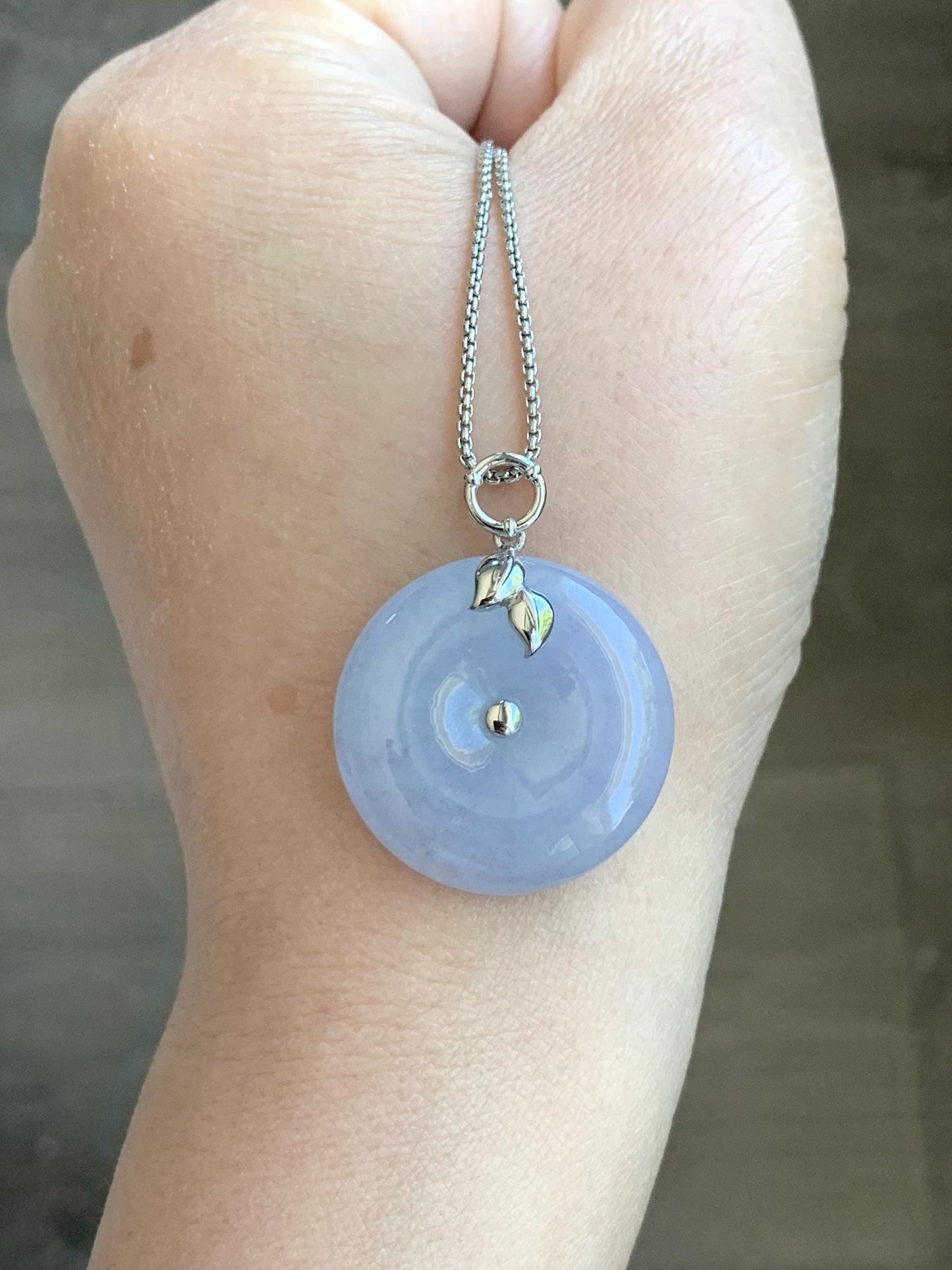 Certified Natural Burmese Icy Translucent Light Purple Jadeite Ping An Kou Donut Pendant 18K White Gold 10.69g 天然缅甸冰胶淡紫翡翠平安扣镶嵌吊坠 8620
