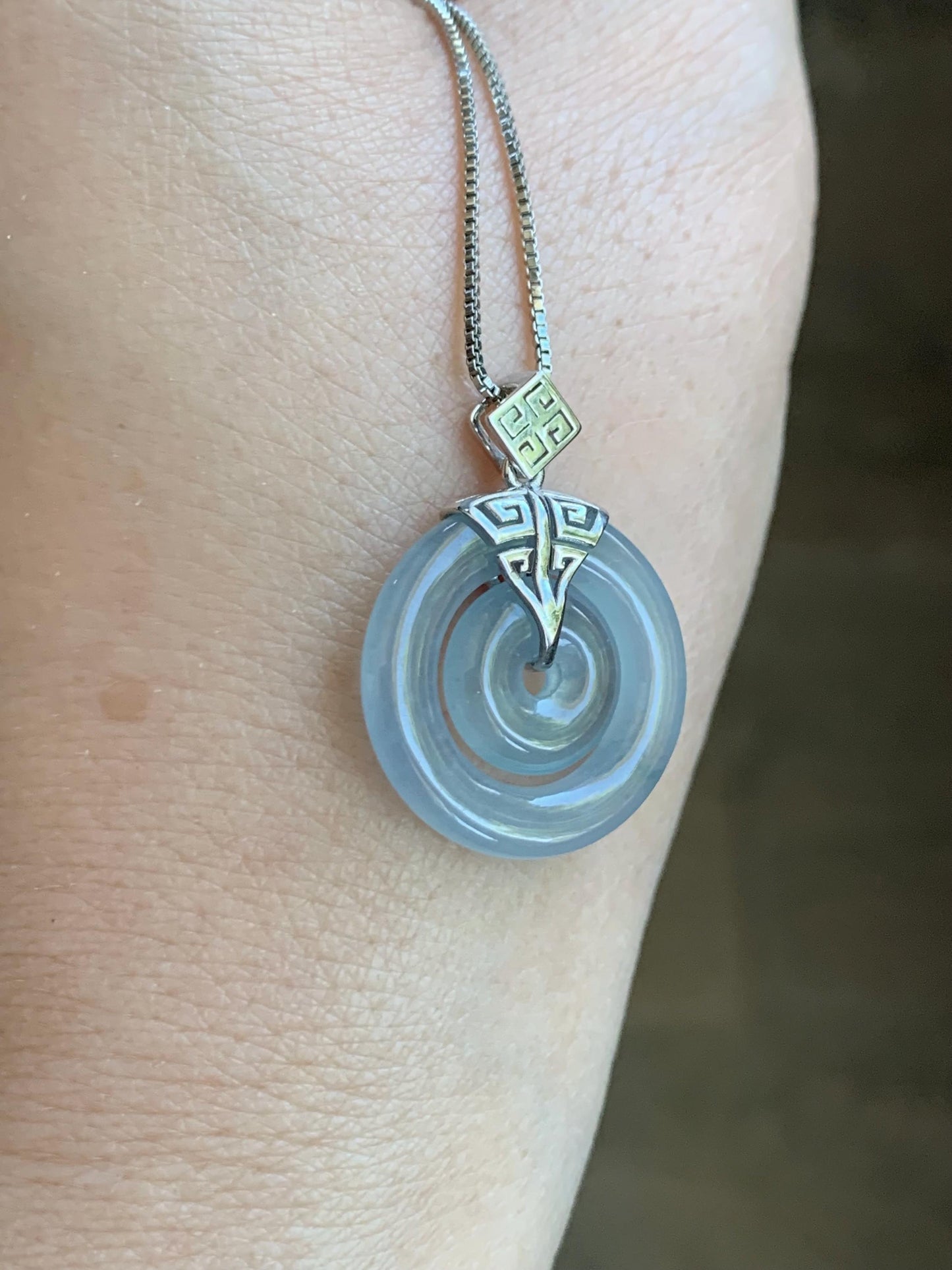 Certified Natural Guatemalan Icy Highly Translucent Light Blue Jadeite Mother-Child Ping An Kou Pendant Sterling Silver 天然冰危淡蓝紫翡翠子母扣吊坠 8637