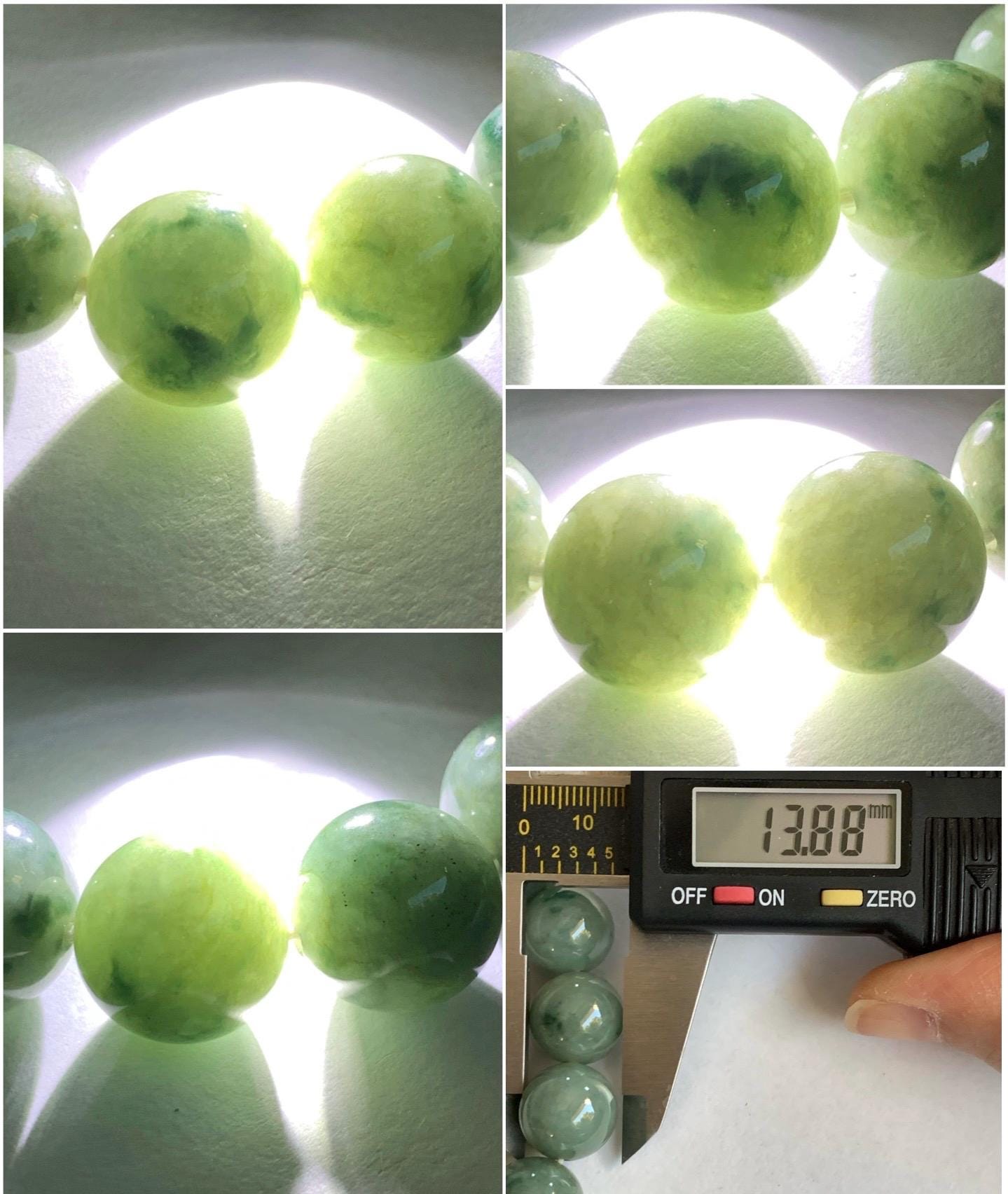Natural Burmese Grade A Translucent Dark Green Marbled Jadeite Large Beads Beaded Bracelet 7.5” 13.8mm 69g Stretchy 天然缅甸大卡糯种深绿飘花翡翠手串 DLPH67