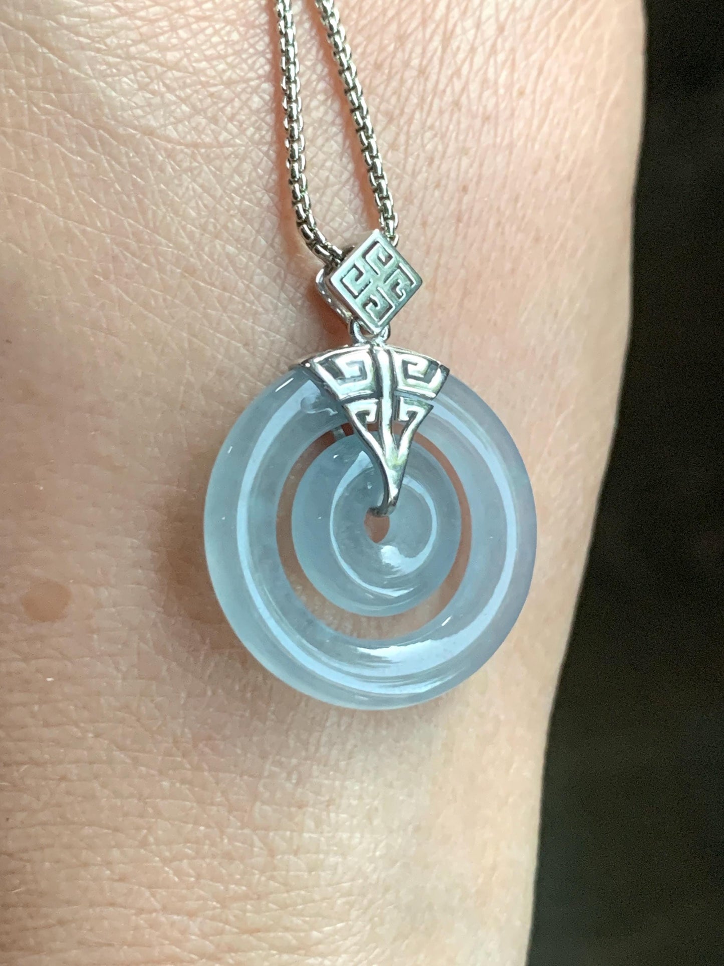 Certified Natural Guatemalan Icy Highly Translucent Light Blue Jadeite Mother-Child Ping An Kou Pendant Sterling Silver 天然冰危淡蓝翡翠子母扣吊坠 8636