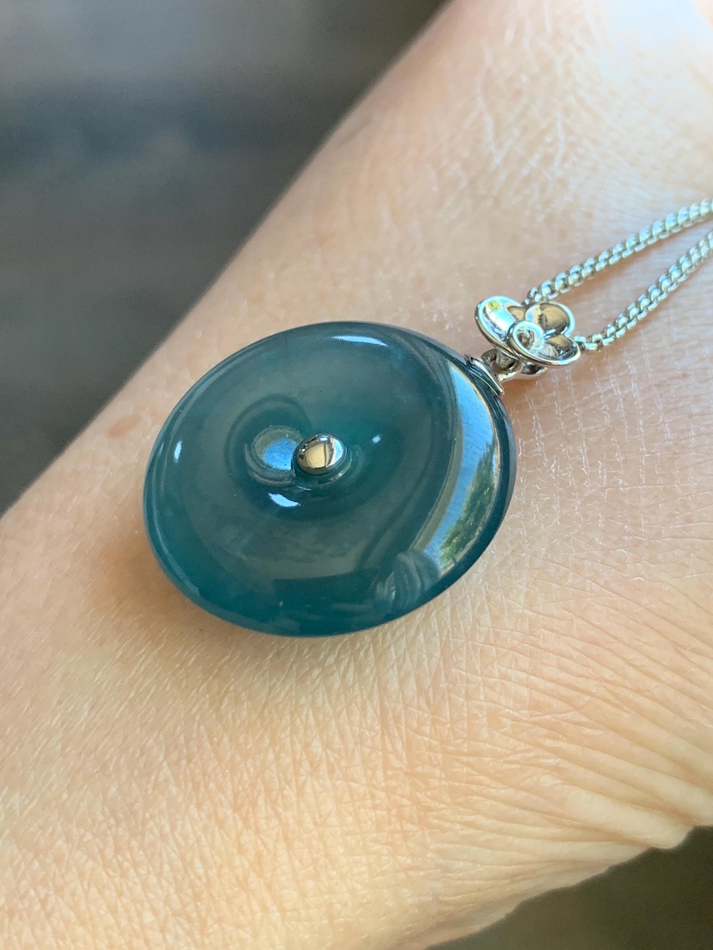 Certified Natural Guatemalan Icy Highly Translucent Dark Teal Blue Jadeite Ping An Kou Donut Pendant 18K White Gold 7.05g 天然冰危蓝平安扣镶嵌吊坠 8611