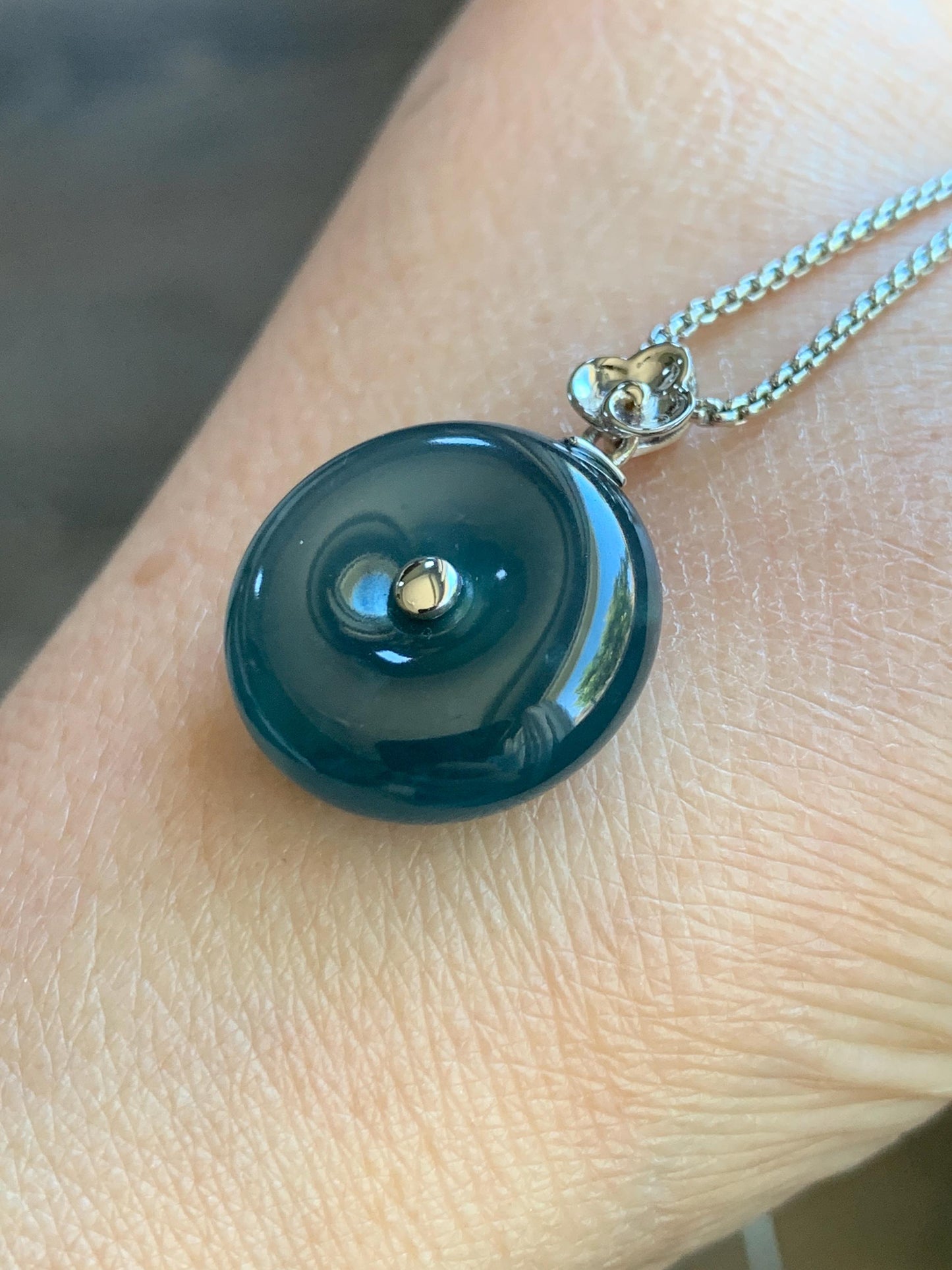 Certified Natural Guatemalan Icy Highly Translucent Dark Teal Blue Jadeite Ping An Kou Donut Pendant 18K White Gold 5.15g 天然冰危蓝平安扣镶嵌吊坠 8608
