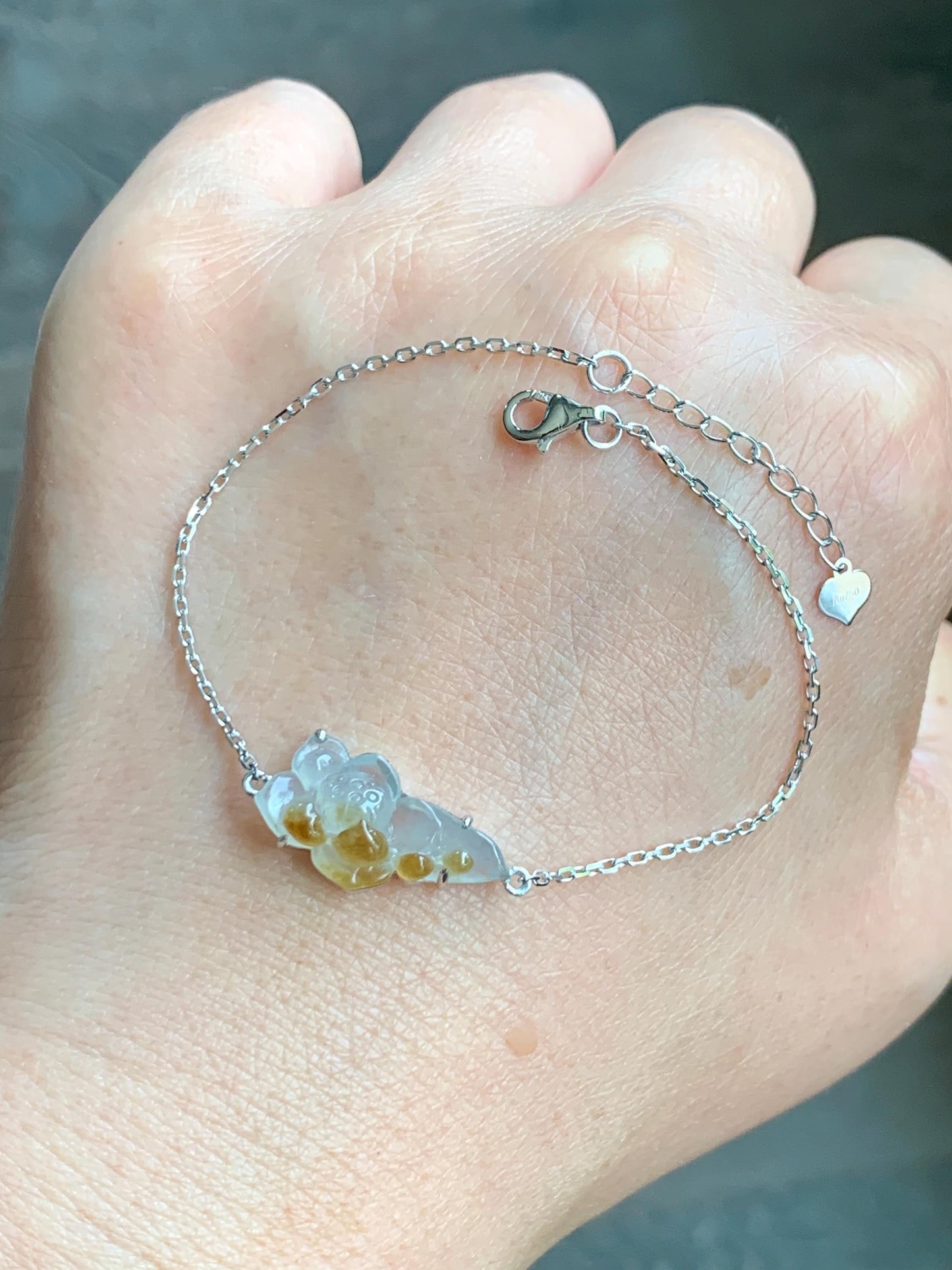 Certified Natural Burmese Icy Highly Translucent White Golden Yellow Marbled Jadeite Lotus Flower Bracelet 18K White Gold 天然缅甸白冰撒金翡翠莲花镶嵌手链
