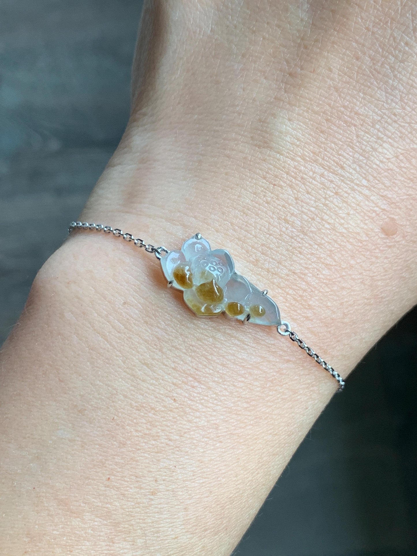 Certified Natural Burmese Icy Highly Translucent White Golden Yellow Marbled Jadeite Lotus Flower Bracelet 18K White Gold 天然缅甸白冰撒金翡翠莲花镶嵌手链