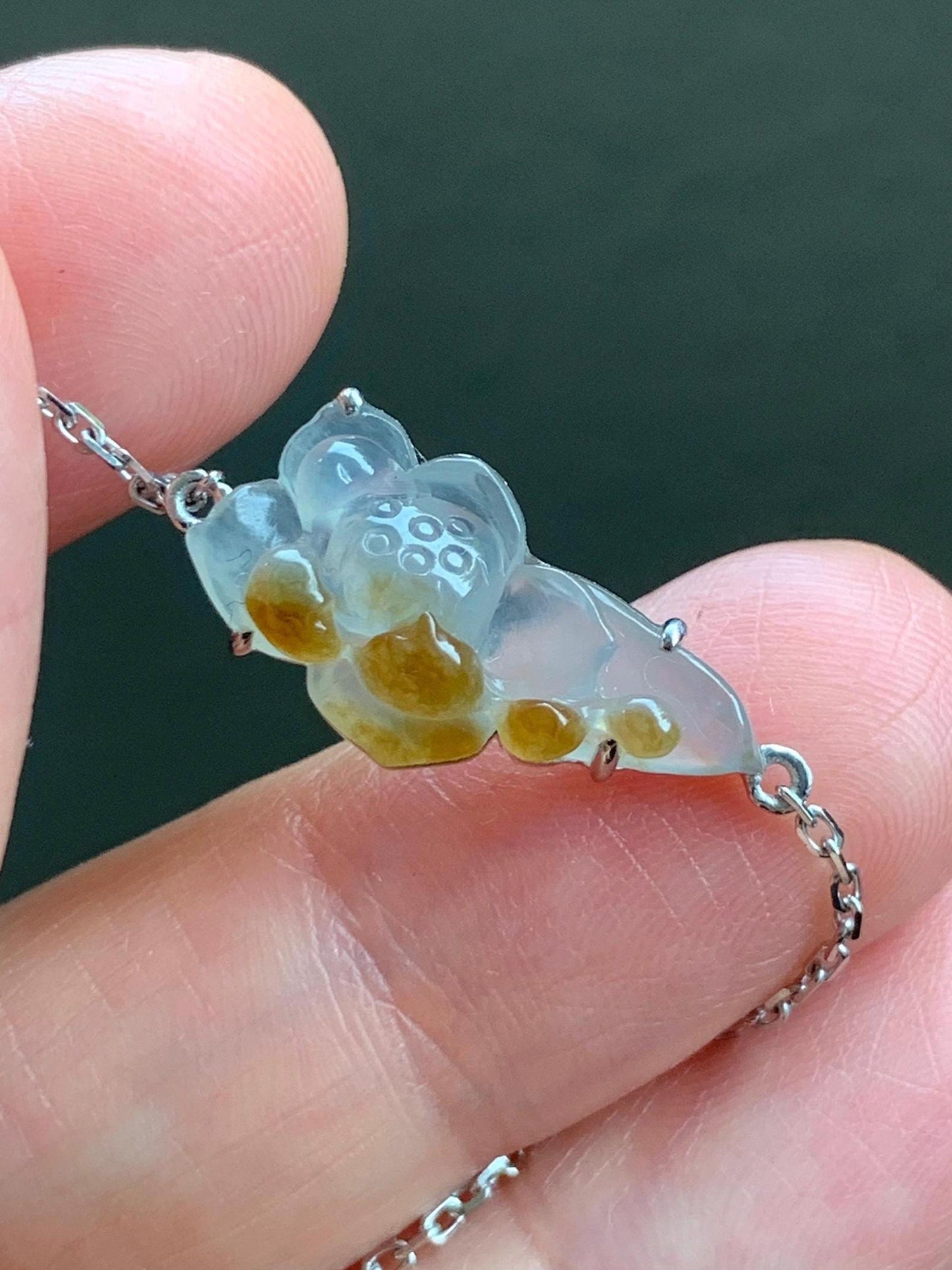 Certified Natural Burmese Icy Highly Translucent White Golden Yellow Marbled Jadeite Lotus Flower Bracelet 18K White Gold 天然缅甸白冰撒金翡翠莲花镶嵌手链