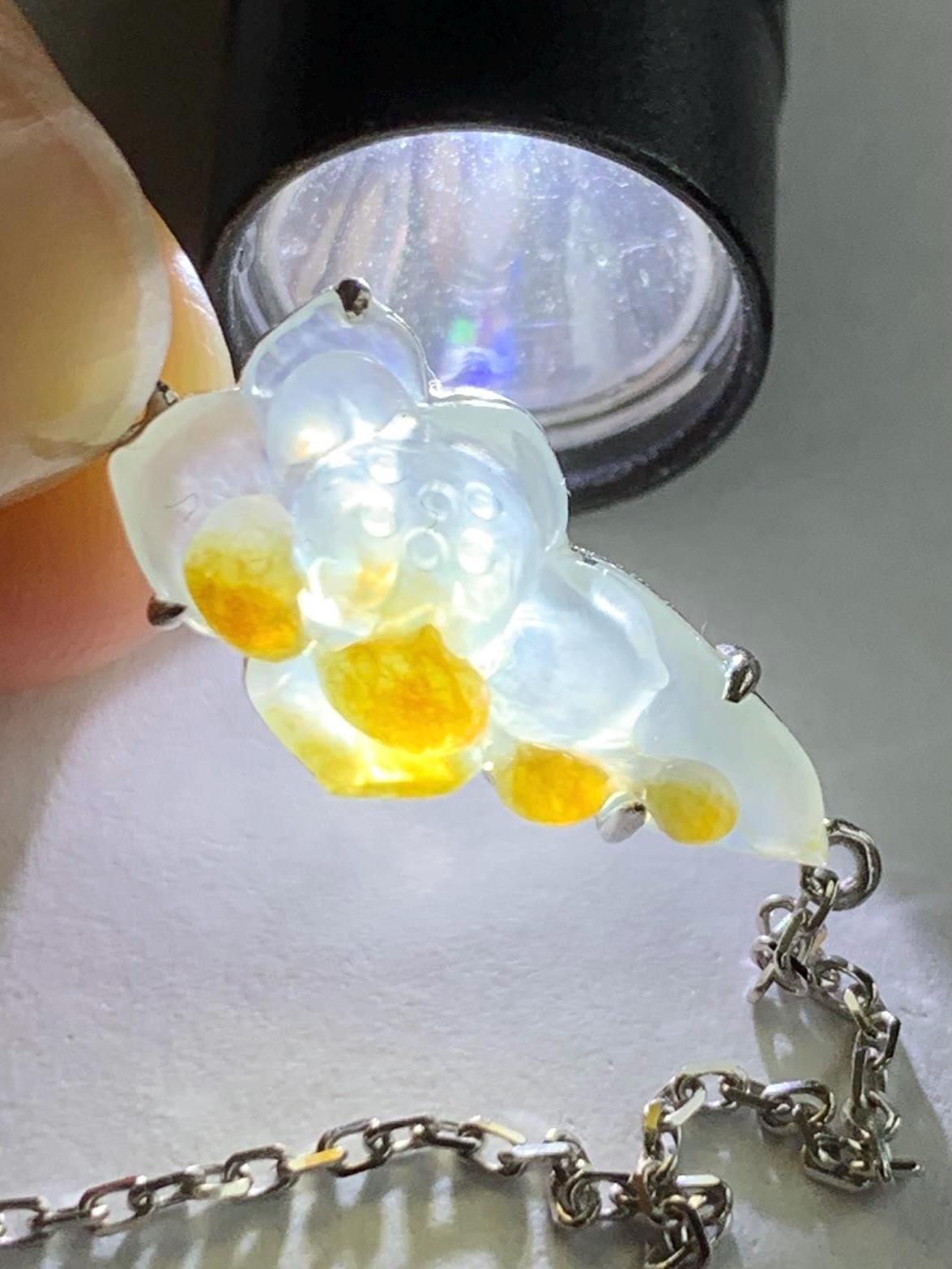 Certified Natural Burmese Icy Highly Translucent White Golden Yellow Marbled Jadeite Lotus Flower Bracelet 18K White Gold 天然缅甸白冰撒金翡翠莲花镶嵌手链