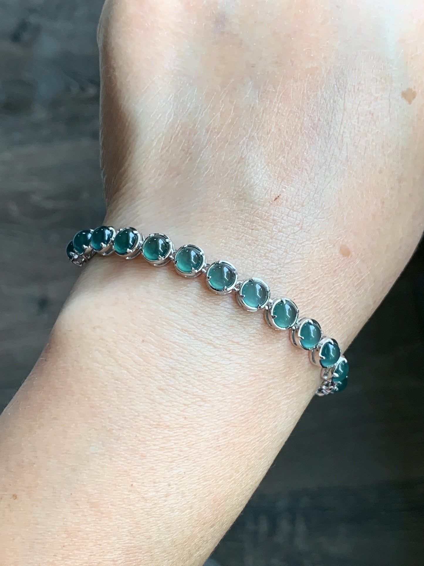 Certified Natural Guatemalan Premium Icy Teal Blue Jadeite Tennis Bracelet S925 Sterling Silver adjustable 5.25”-7.5” 天然高冰危蓝绿翡翠银镶手链 6896