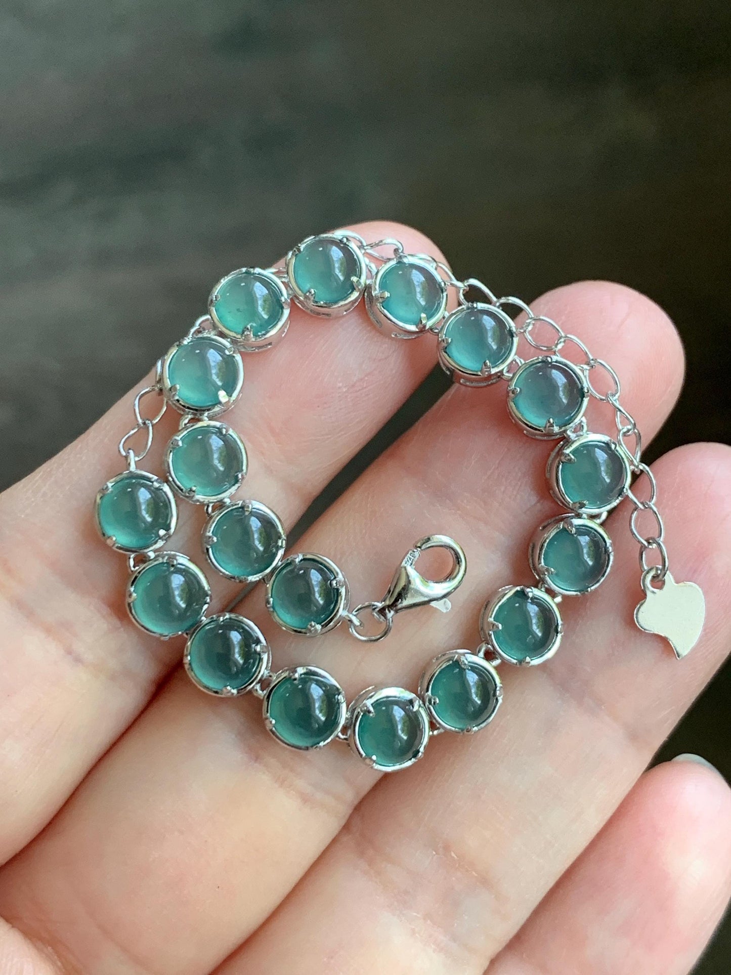 Certified Natural Guatemalan Premium Icy Teal Blue Jadeite Tennis Bracelet S925 Sterling Silver adjustable 5.25”-7.5” 天然高冰危蓝绿翡翠银镶手链 6896