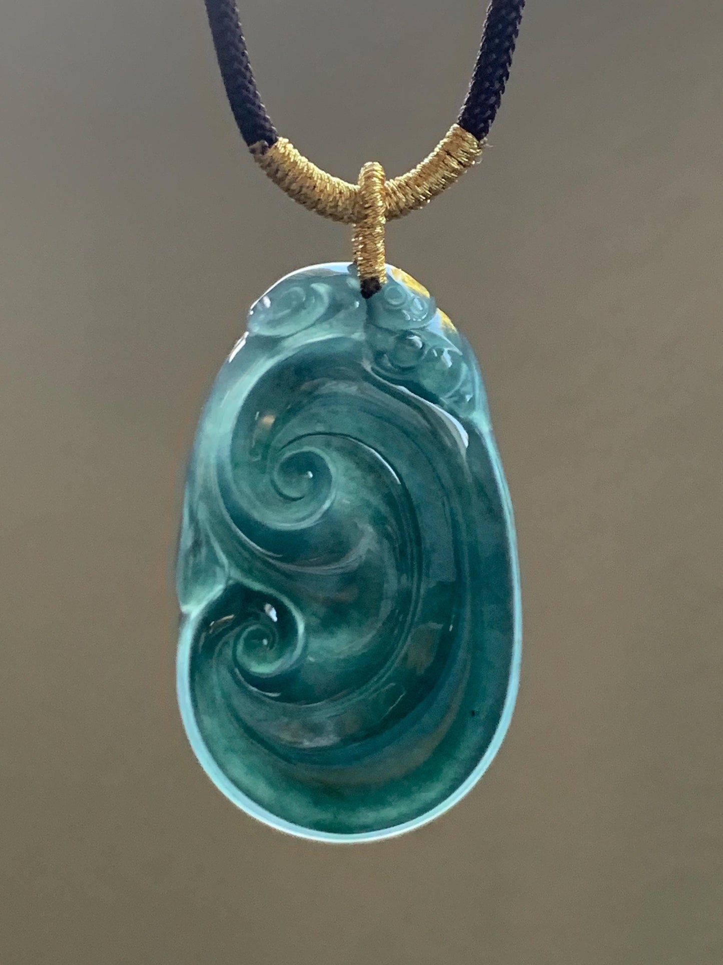 Large Natural Guatemalan Icy Translucent Dark Teal Blue Jadeite Carved Ruyi Pendant Rope Necklace 28" Adjustable 15g 天然冰危湖水蓝翡翠如意吊坠 JSH