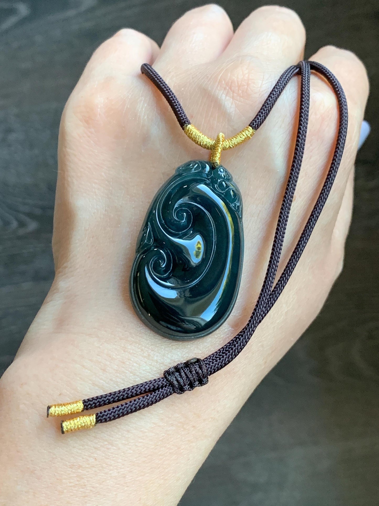 Large Natural Guatemalan Icy Translucent Dark Teal Blue Jadeite Carved Ruyi Pendant Rope Necklace 28" Adjustable 15g 天然冰危湖水蓝翡翠如意吊坠 JSH