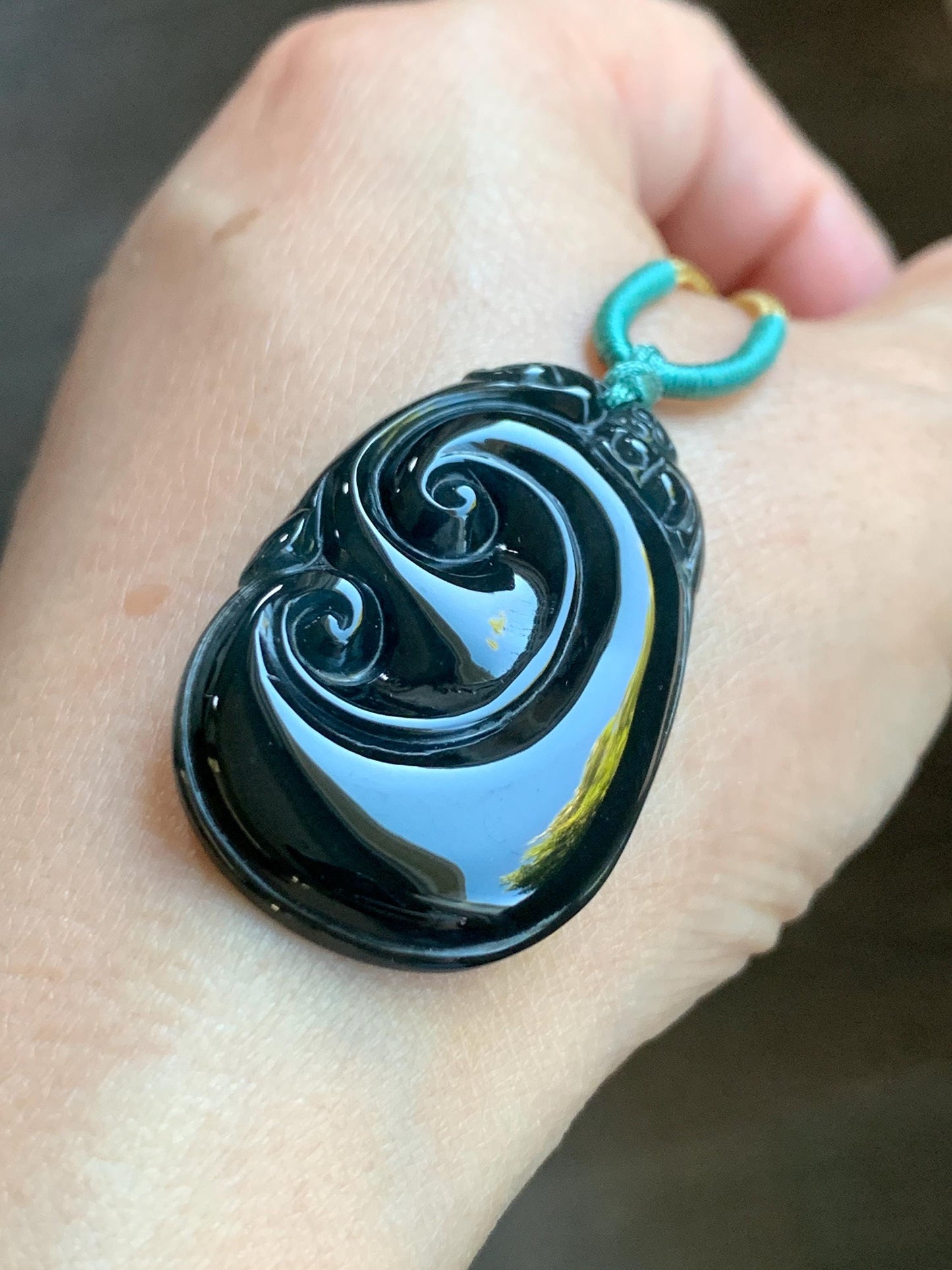 Natural Guatemalan Icy Translucent Dark Dusty Teal Green Jadeite Carved Ruyi Pendant Rope Necklace 24” Adjustable 9g 天然冰危深墨绿翡翠如意吊坠 HSH