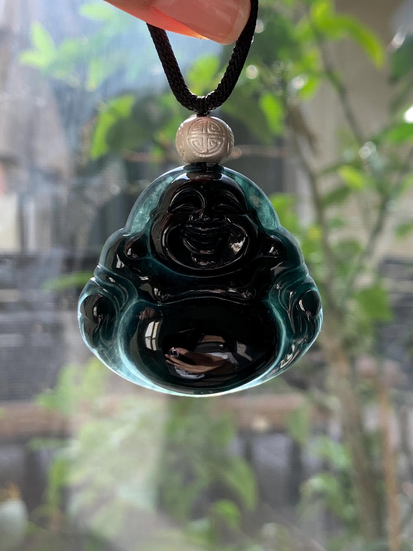 Natural Guatemalan Translucent Dark Wuji Jadeite Large Buddha Pendant Rope Necklace Sterling Silver Adjustable 33" 27g 天然冰危乌鸡翡翠大佛公吊坠