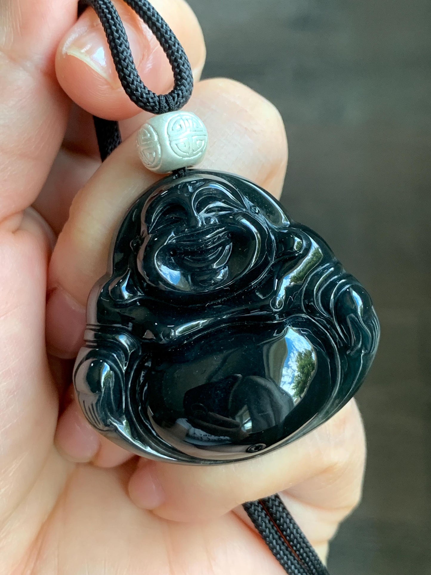 Natural Guatemalan Translucent Dark Wuji Jadeite Large Buddha Pendant Rope Necklace Sterling Silver Adjustable 33" 27g 天然冰危乌鸡翡翠大佛公吊坠