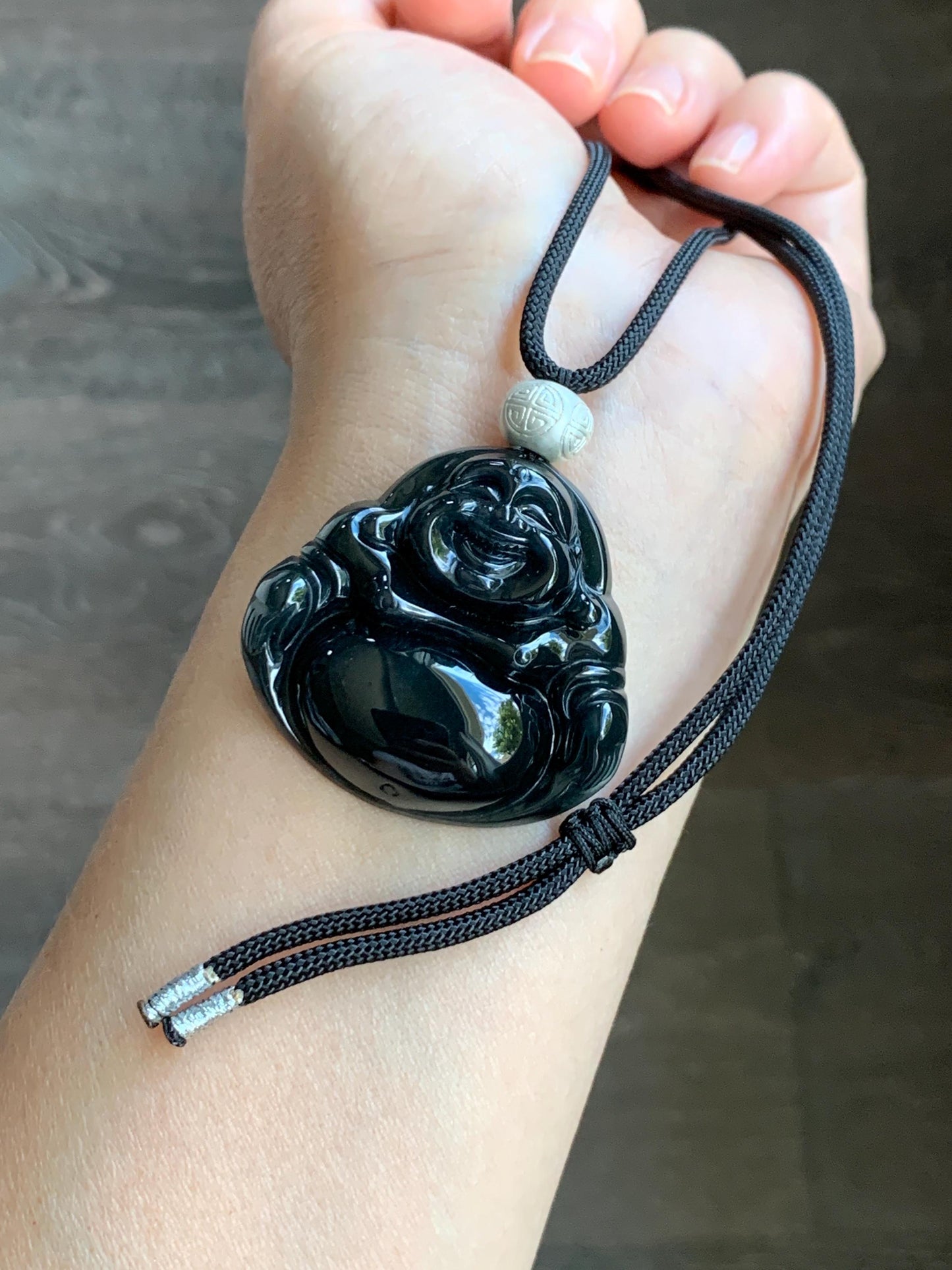 Natural Guatemalan Translucent Dark Wuji Jadeite Large Buddha Pendant Rope Necklace Sterling Silver Adjustable 33" 27g 天然冰危乌鸡翡翠大佛公吊坠