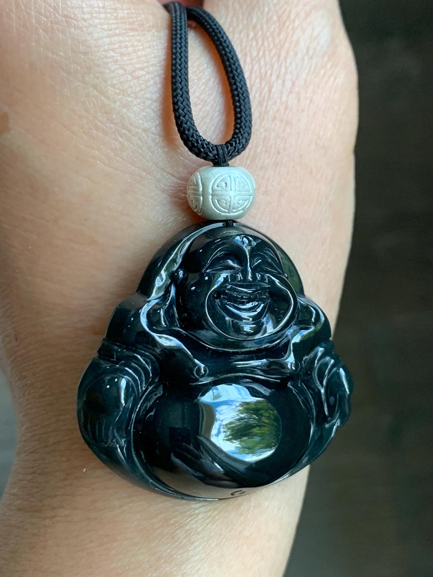 Natural Guatemalan Translucent Dark Wuji Jadeite Large Buddha Pendant Rope Necklace Sterling Silver Adjustable 33" 27g 天然冰危乌鸡翡翠大佛公吊坠