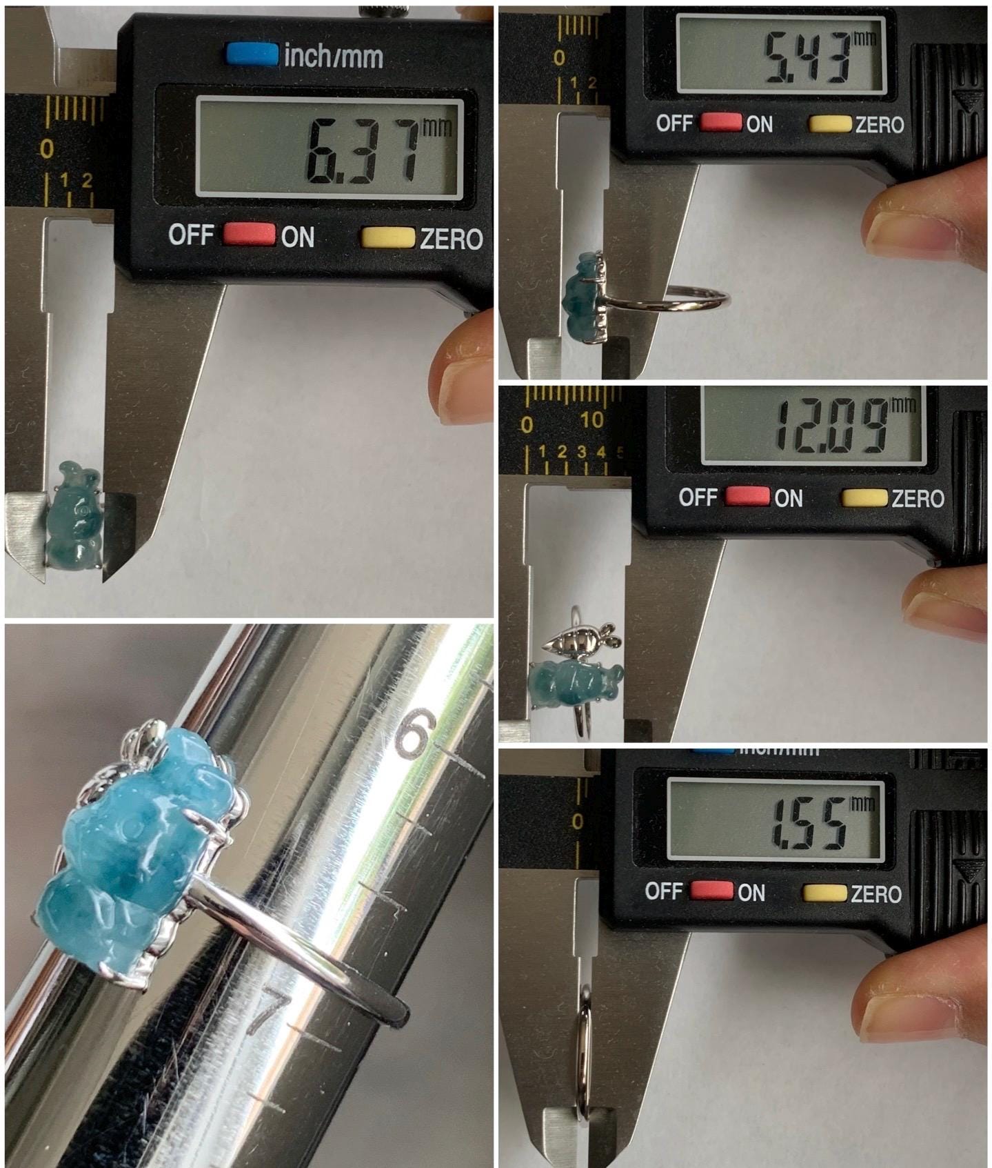 Certified Natural Burmese Icy Translucent Light Blue Teal Blue Marbled Jadeite Rabbit Carrot Ring 18K White Gold Sz 6.75 天然缅甸冰胶飘蓝花翡翠小兔萝卜镶嵌戒指