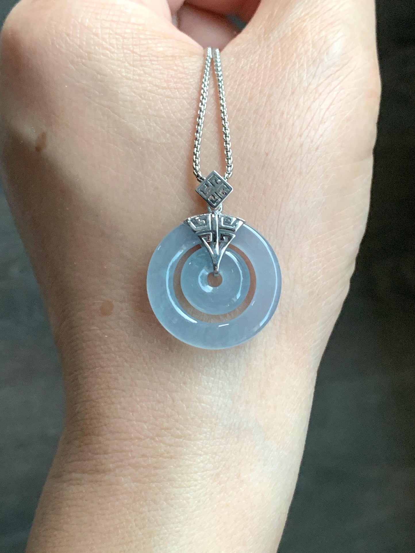 Certified Natural Guatemalan Icy Highly Translucent Light Blue Jadeite Mother-Child Ping An Kou Pendant Sterling Silver 天然冰危淡蓝翡翠子母扣吊坠 8636