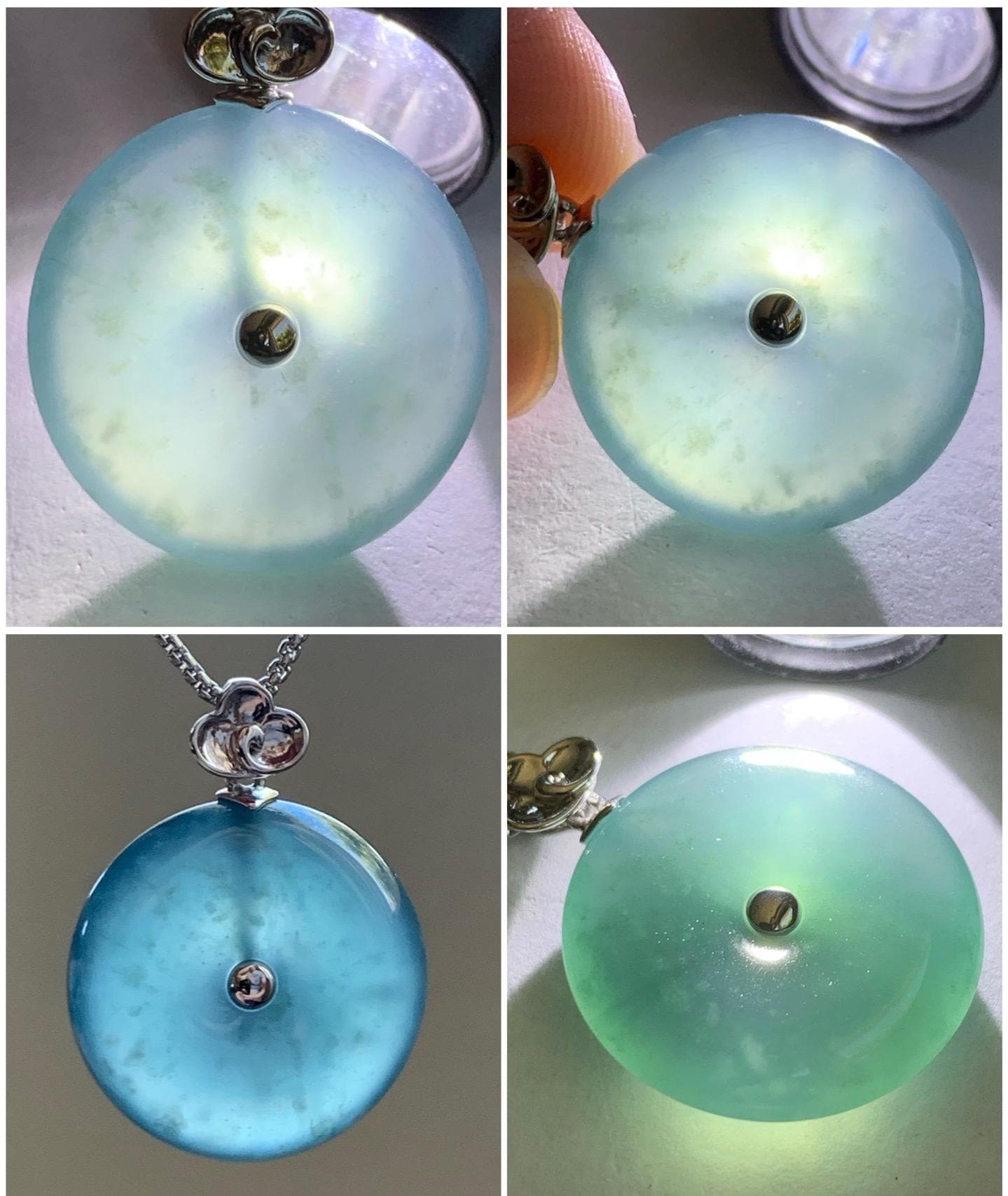 Certified Natural Guatemalan Icy Highly Translucent Dark Teal Blue Jadeite Ping An Kou Donut Pendant 18K White Gold 7.05g 天然冰危蓝平安扣镶嵌吊坠 8611