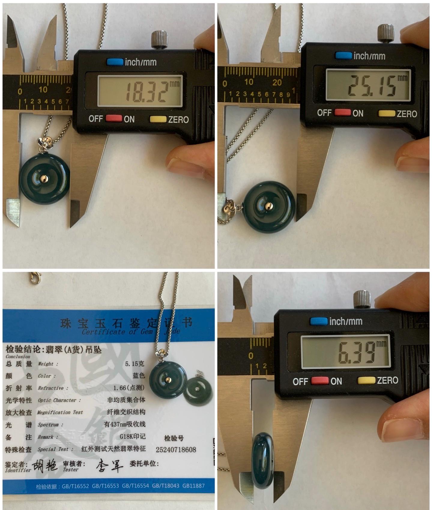 Certified Natural Guatemalan Icy Highly Translucent Dark Teal Blue Jadeite Ping An Kou Donut Pendant 18K White Gold 5.15g 天然冰危蓝平安扣镶嵌吊坠 8608