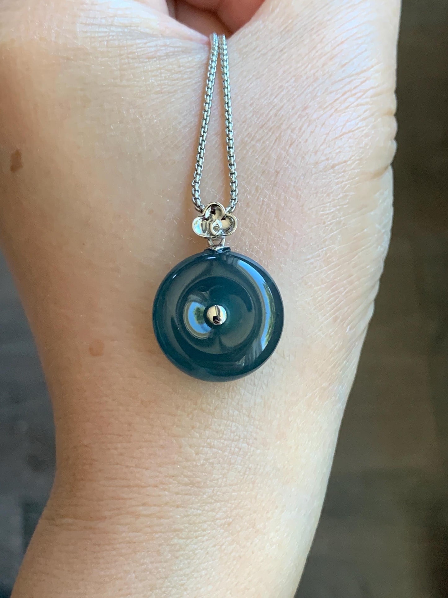 Certified Natural Guatemalan Icy Highly Translucent Dark Teal Blue Jadeite Ping An Kou Donut Pendant 18K White Gold 5.15g 天然冰危蓝平安扣镶嵌吊坠 8608
