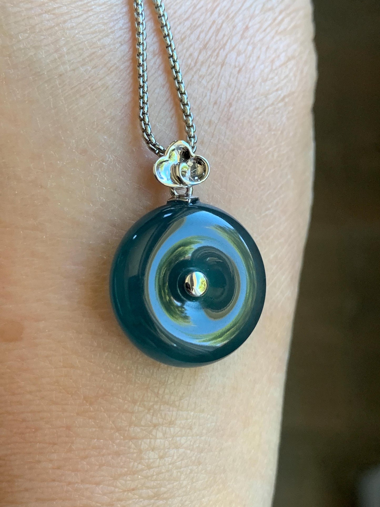 Certified Natural Guatemalan Icy Highly Translucent Dark Teal Blue Jadeite Ping An Kou Donut Pendant 18K White Gold 5.15g 天然冰危蓝平安扣镶嵌吊坠 8608