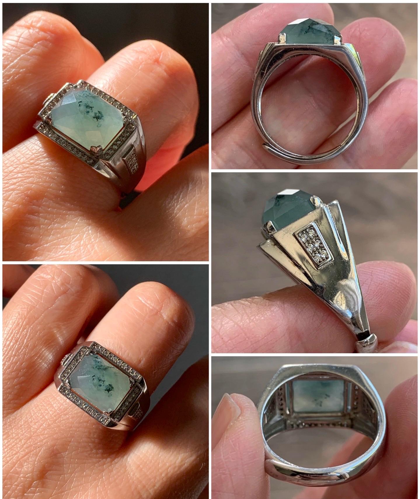 Natural Burmese Icy Translucent Gelatinous Faceted Dusty Green Faceted Jadeite Ring Sterling Silver Size 9 Adjustable 天然缅甸晴底飘花翡翠切割面银镶戒指 MQG