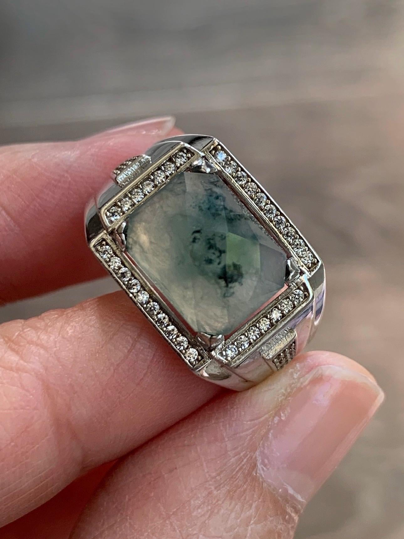 Natural Burmese Icy Translucent Gelatinous Faceted Dusty Green Faceted Jadeite Ring Sterling Silver Size 9 Adjustable 天然缅甸晴底飘花翡翠切割面银镶戒指 MQG